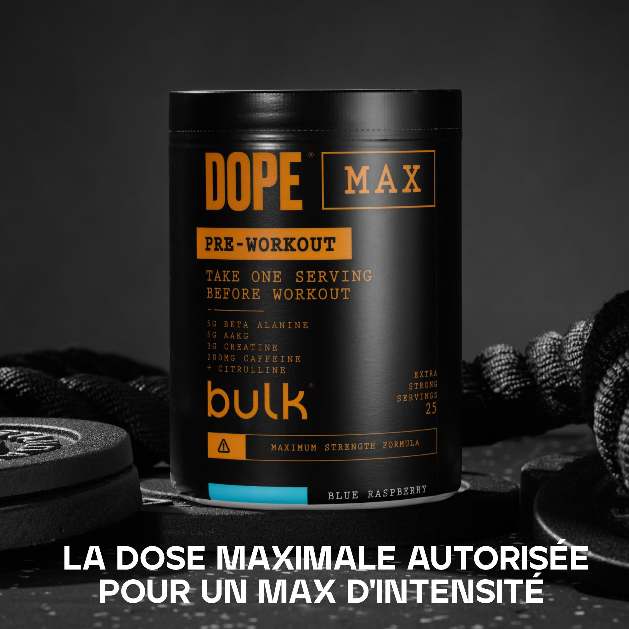 Bulk Dope Max Poudre Pré-Entraînement | 563 g | 25 portions | Haute Teneur en Caféine 200mg | 5g Bêta-Alanine | 3g Créatine | Mélange AAKG & Citrulline | Vitamine B6 | Sour Apple