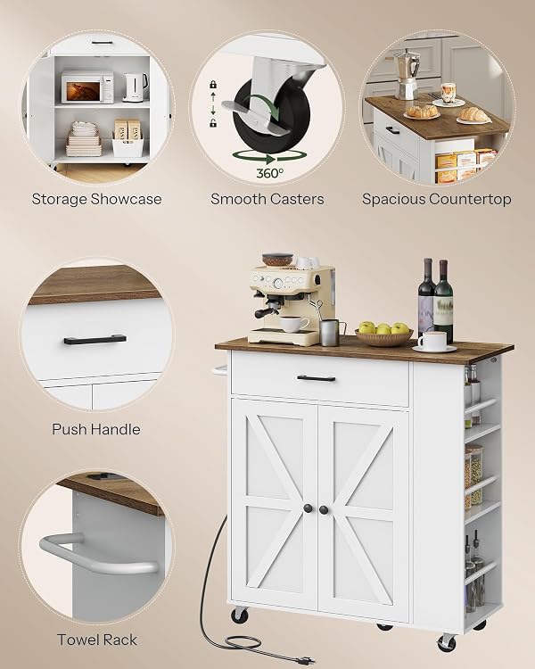 CHOEZON Kitchen Island Cart with Storage, Bar Cart with Charging Station, Kitchen Island on Wheels, Rolling Mobile Table with Cabinet, 3 AC Outlets, White and Walnut MZD04UWL by CHOEZON - Used condition - Image 8