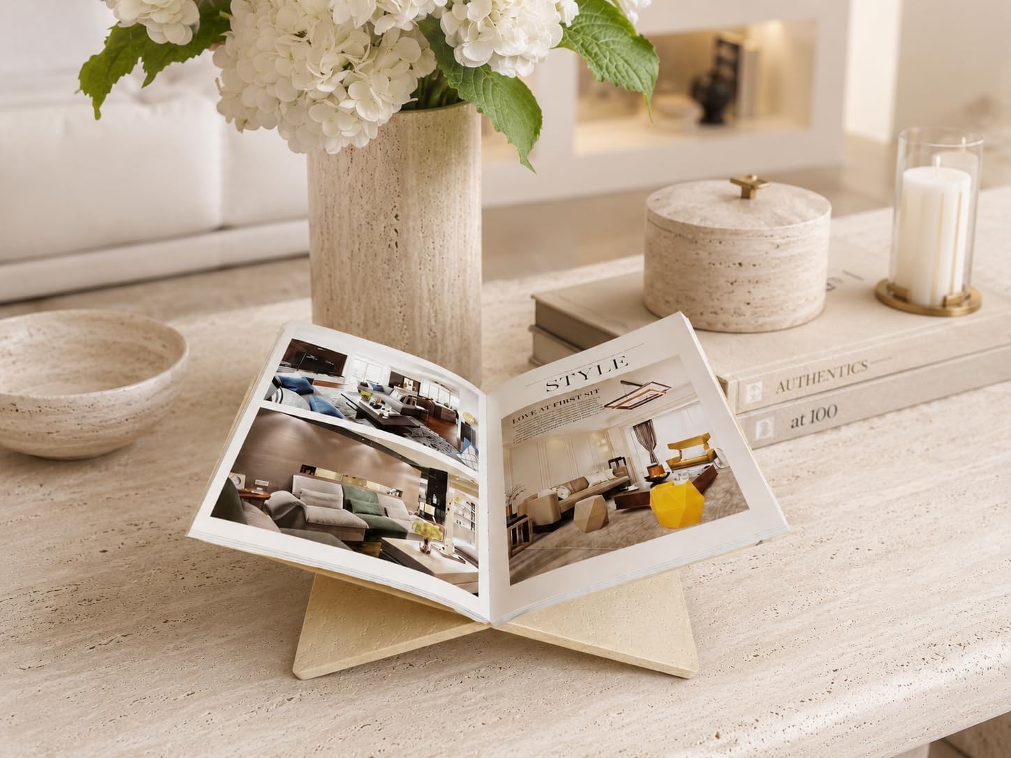 Faux Travertine Resin Book Stand, Large Open Book Holder Stand for Display & Reading, Coffee Table Book Stand for Cookbooks, Bible, Quran, Guest Books, Art Books, Neutral Beige Decorative Bookstand