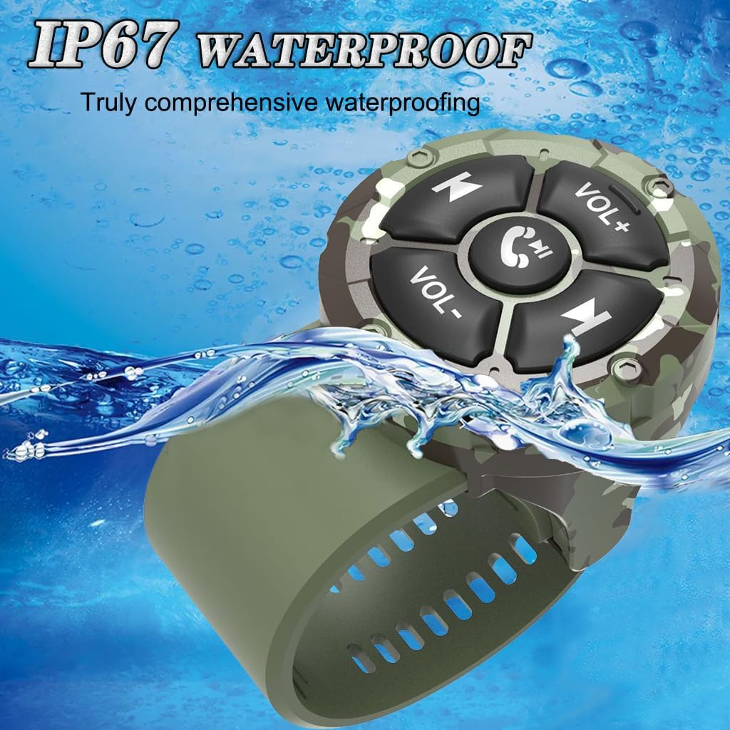 Wireless Bluetooth Media Remote Button,Adjustable Direction Waterproof Strap Type Wireless Controller for Car Bike Motorbike,Steering Wheel Control Button for iPhone/Android Device Camo