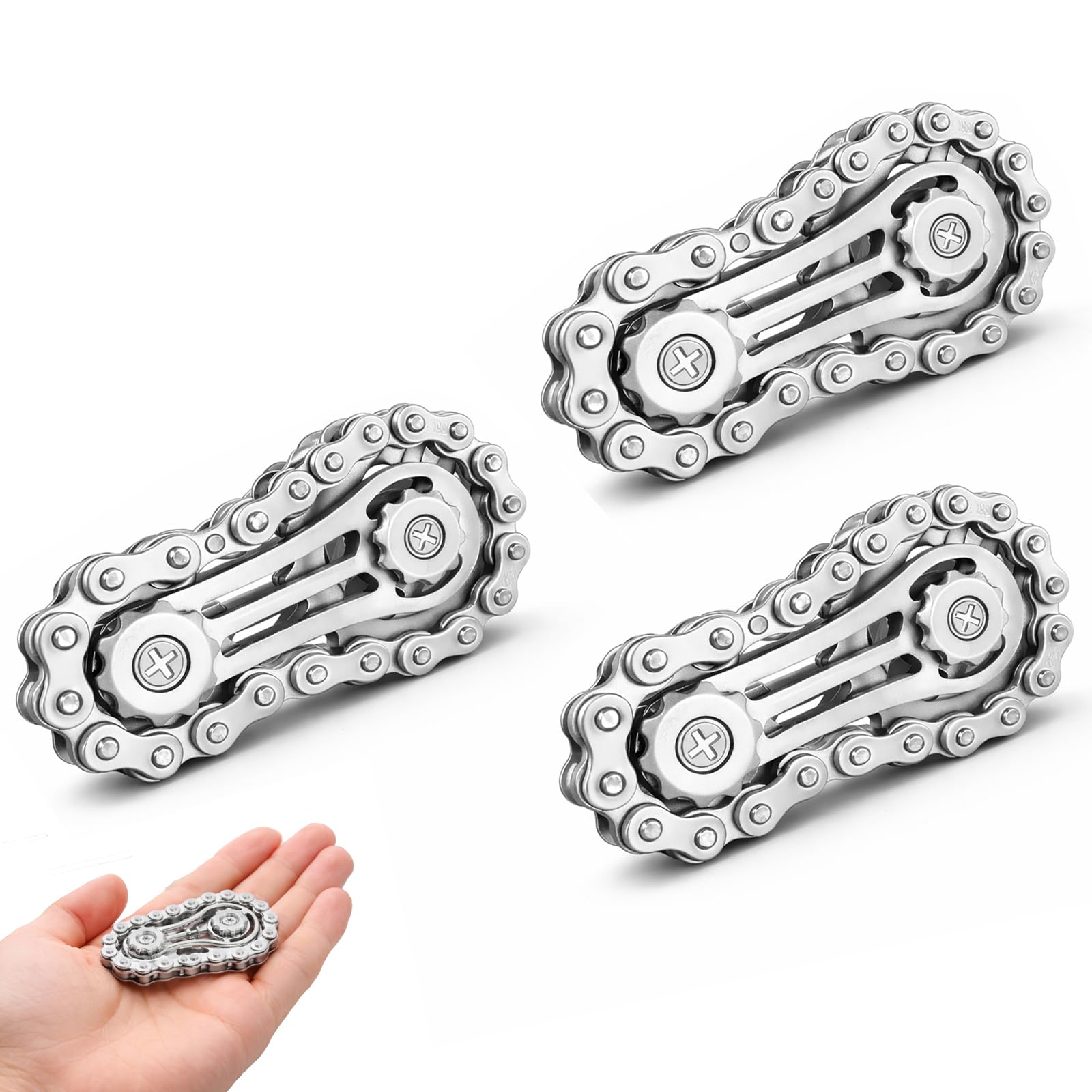 Chrome-Plated Metal Fidget Toy Set With Interlocking Chain-Link Design - Smooth Rotating Gear Hand Rollers for EDC Pocket Sensory Focus Stress Relief Adults Mechanical Desk Accessory