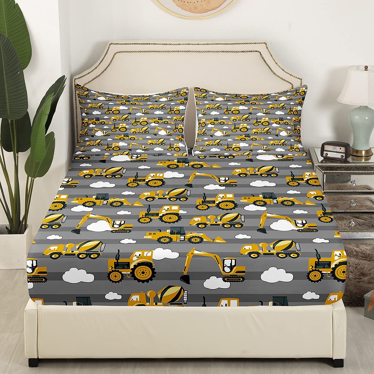 Loussiesd Boys Excavator Cartoon Yellow Truck Crane Bed Sheet Set Digger Mixer Cute Kids Heavy Machinery Bedding Fitted Sheet Tractor Grey Stripe Clouds,No Flat Sheet 3Pcs Double Size - Image 2