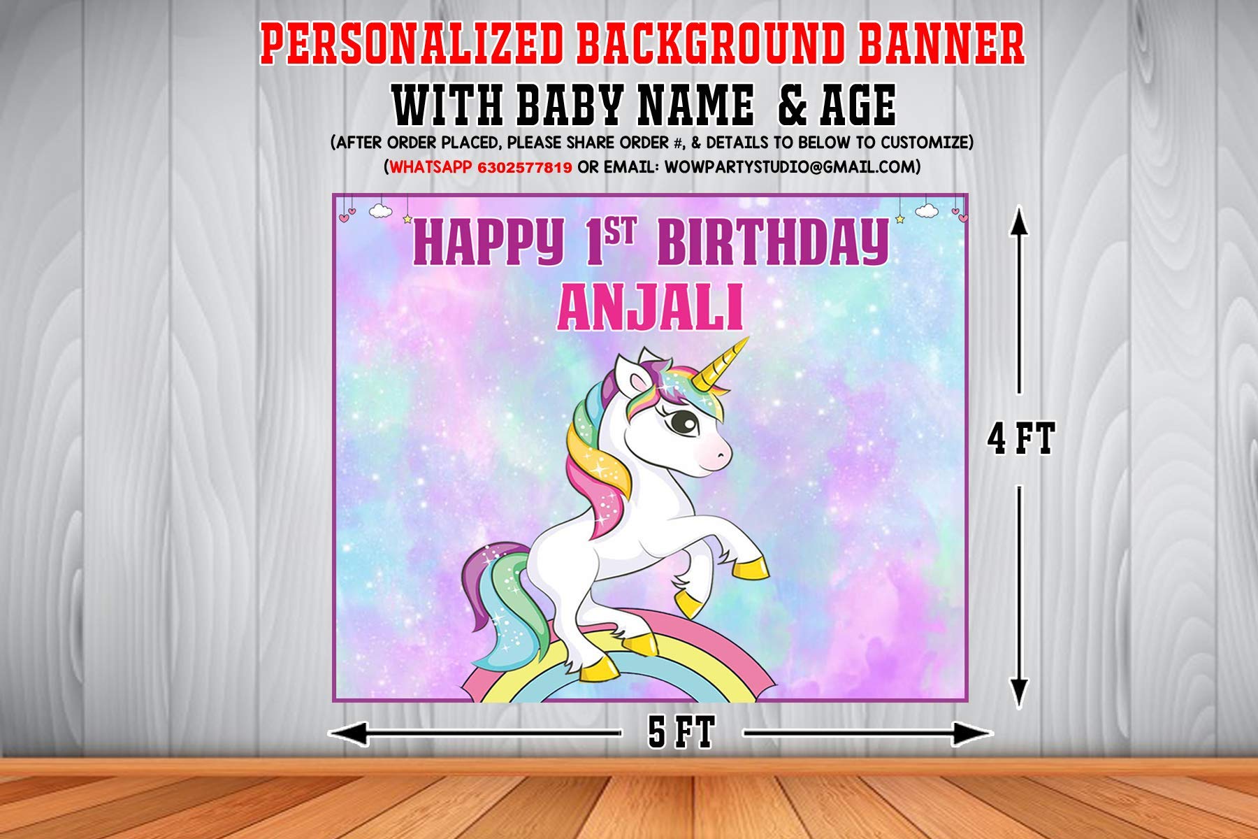 WoW Party Studio Personalized Unicorn Theme Party Happy Birthday Decorations Background/Backdrop Banner with Birthday Boy/Girl Name, Age (4ft x 5ft)