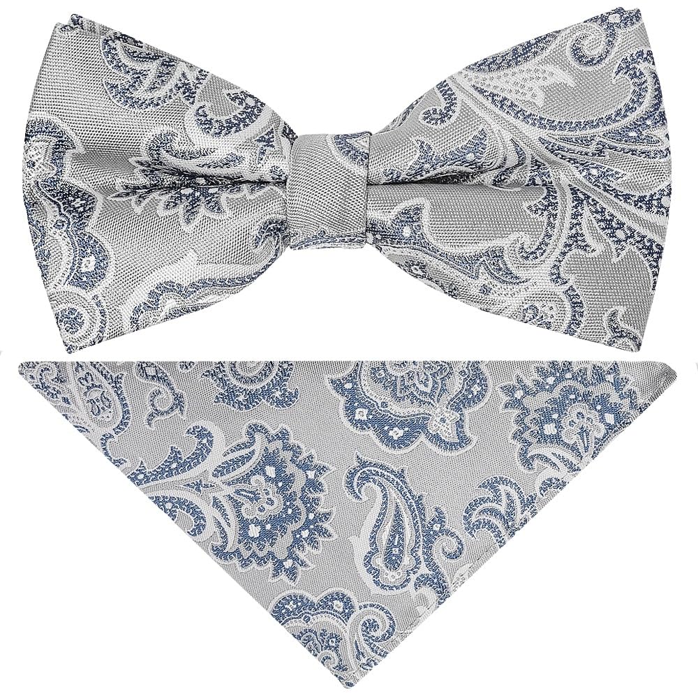 Ties R Us Boys Blue & Silver Pre Tied Silver And Blue Paisley Bow Tie And Pocket Square Set