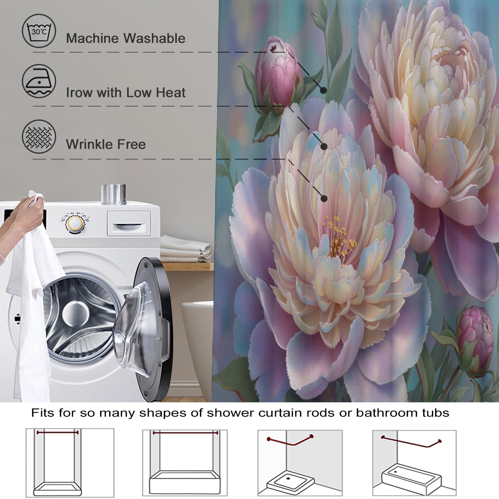 Rideau Douche,Rideau Baignoire Lavable en Machine Rideaux Douche Tissus Lavable Rideau De Baignoire Lavable pour Salle De Bain Domicile Baignoire Famille,Pivoines,
