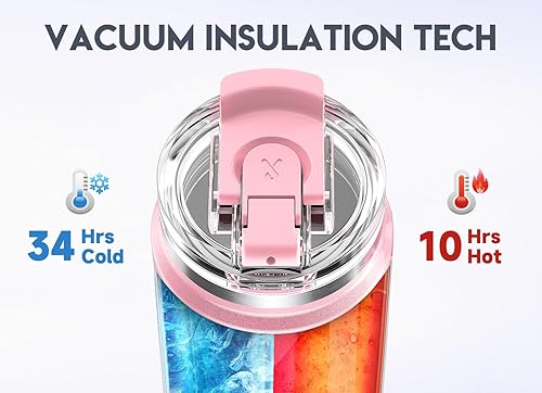 Miniatura 8 de Meoky Vaso de viaje de 24 onzas, vaso de acero inoxidable con triple aislamiento con asa y tapa para sorber 2 en 1, 100% a prueba de fugas, mantiene