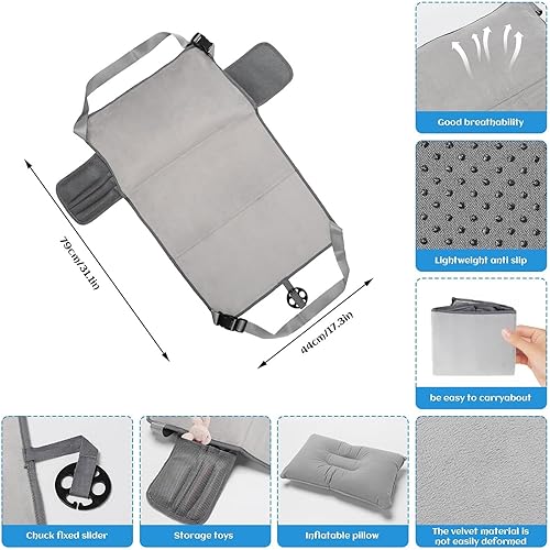 Miniatura 2 de Cama de avión portátil para niños pequeños, esenciales de viaje para niños, reposapiés de avión moderno, color gris, 31.49 x 17.7 pulgadas,
