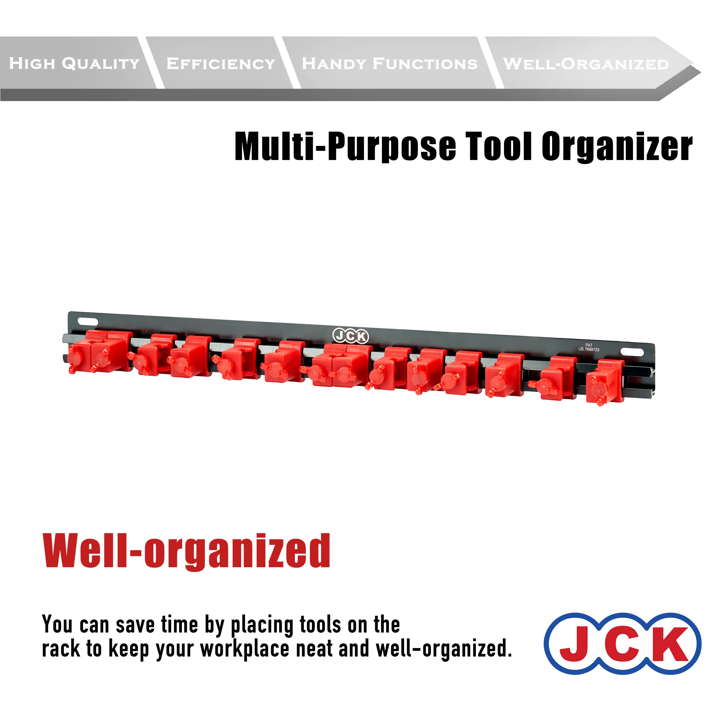 JCK Aluminum Multi-Purpose Tool Organizer Red Clips, Black Aluminum Rack Organize Various Tools, Screwdrivers, Hammer - Image 2