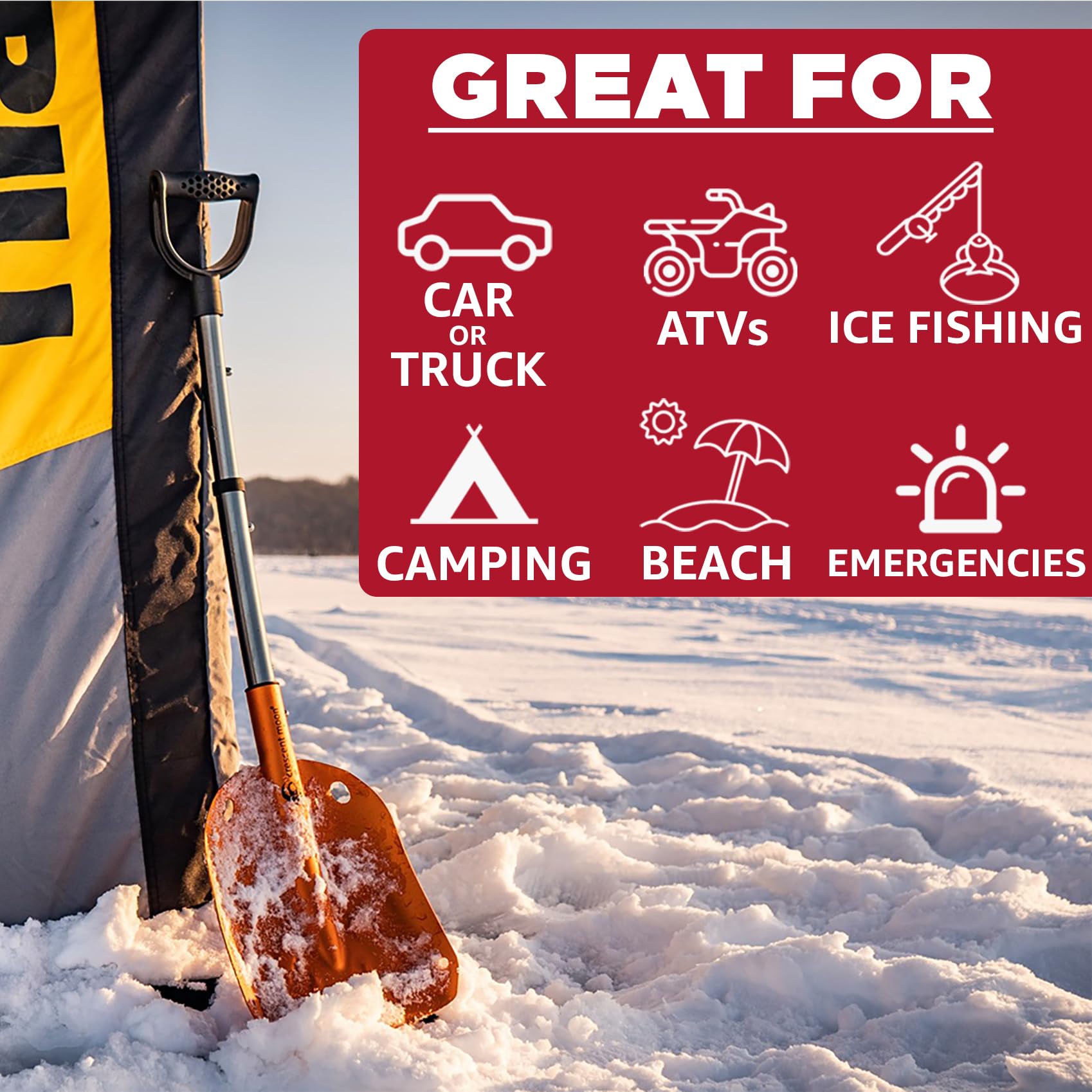 Crescent Moon Pala Plegable compacta: Pala portátil Ligera para Camping, emergencias, Coches, Aventuras en el Campo, cuatrimotos y Motos de Nieve - Pala pequeña Esencial para avalancha de Emergencia