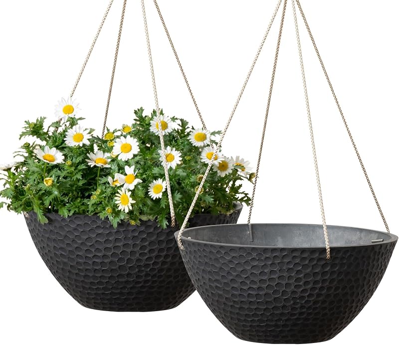 LA JOLIE MUSE Macetas colgantes para plantas de exterior, macetero colgante grande con agujeros de drenaje, macetas colgantes para exteriores, negro mate, panal (13,2 pulgadas, juego de 2) | Acabado en negro mate, cestas colgantes y macetas para plantas de exterior, maceteros decorativos para ventana, porche, jardín