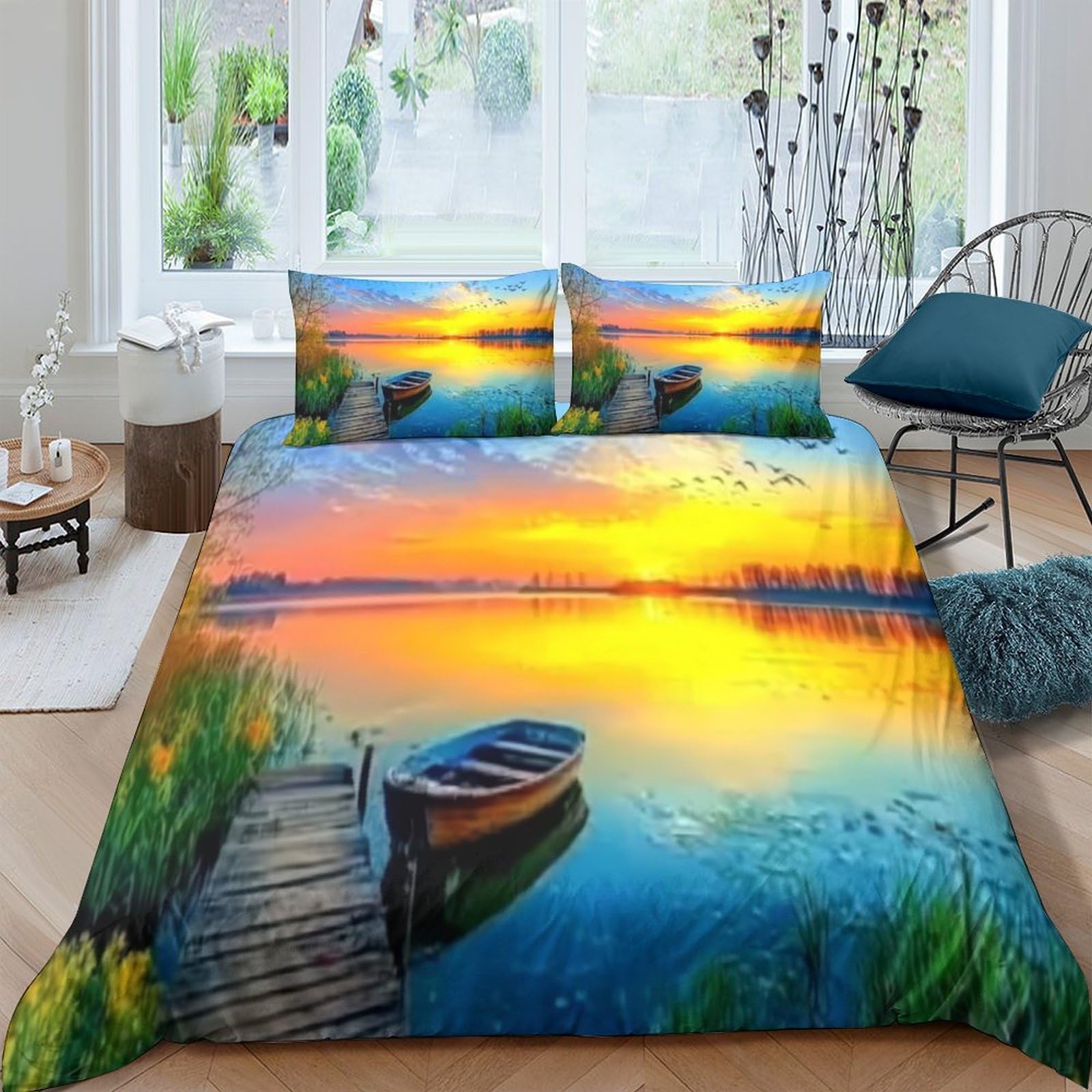 Ctjqhvkz Style-4 3D Printed Sunset Lake Fitted Sheet Microfiber Soft Boathouse Mattress Cover For Bedroom Guestroom Easy Care Decor Single（135X200cm）