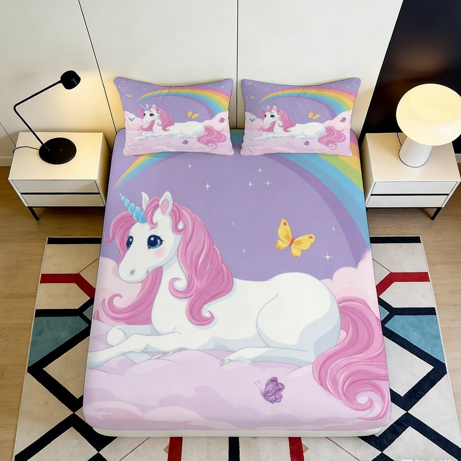 Pnayamiorkfel Style-7 3D Printed Unicorn Rainbow Fitted Sheet Microfiber Soft Bedroom Decor Butterfly Bed Cover For All Ages 90X200x25cm
