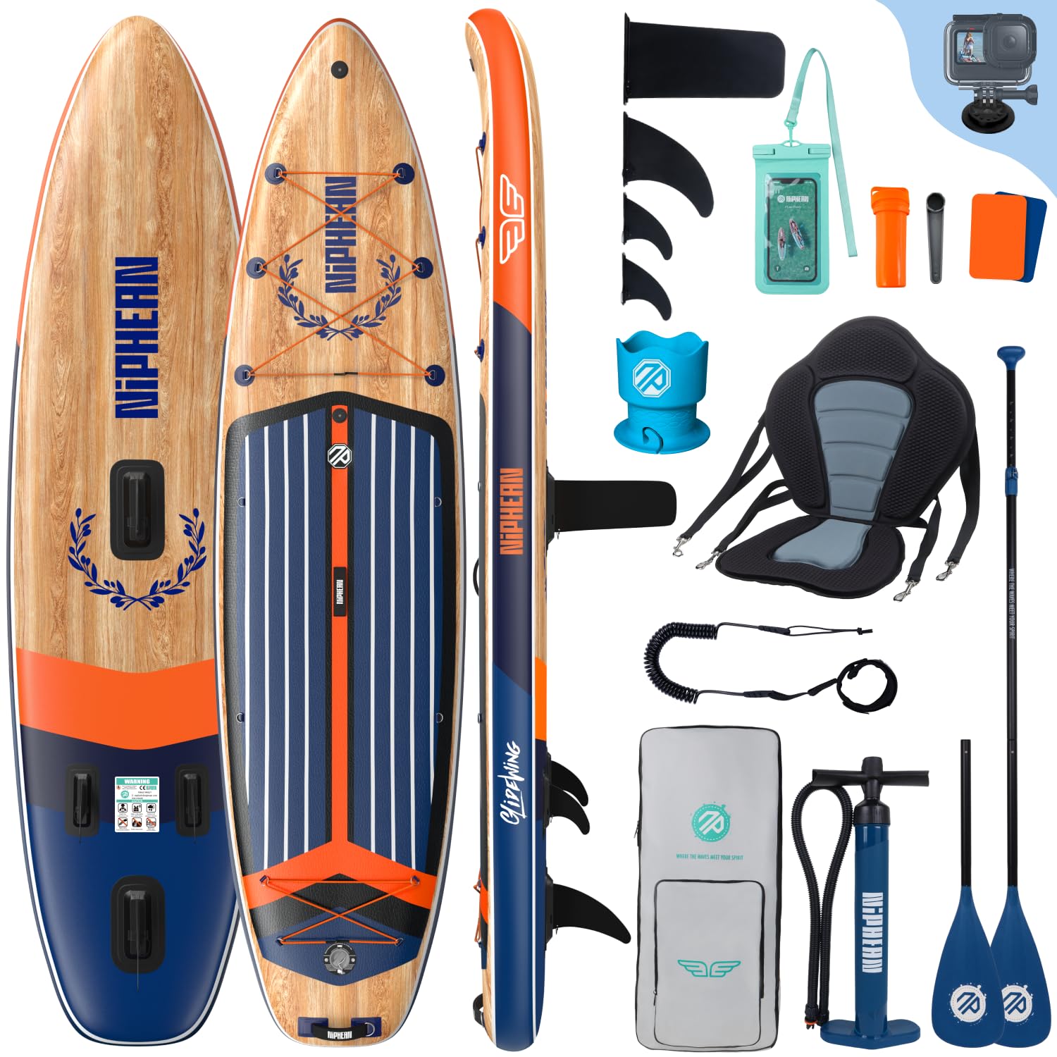 Niphean (Extra Groß) Stand Up Paddling Board, SUP für 2+1 Personen/Familien, SUP Board mit (Anfängergeeignet) Balancierflügel, wasserdichte Handyhülle, Stand Up Paddle Board for Adults, Geschenkideen
