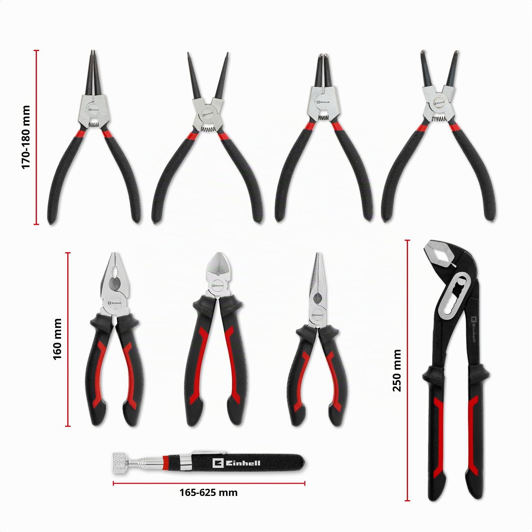 Einhell E-Case inserto portautensili 9 pezzi set di pinze | Pinze anelli elastici, giratubi, universale e becchi lunghi | tronchese laterale | magnete telescopico | sistema E-Case