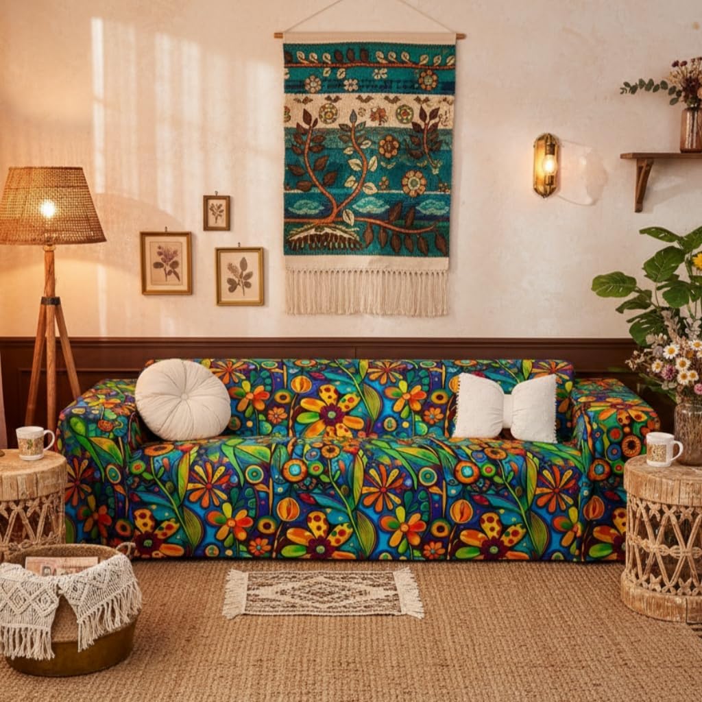 Erosebridal Boho Flowers Orange Blue Girly Women Couch Cover 71" x 118" | Bohemian Floral Sofa Cover Ethnic Oil Painting Couch Protector Rainbow Paisley Washable Sofa Slipcover