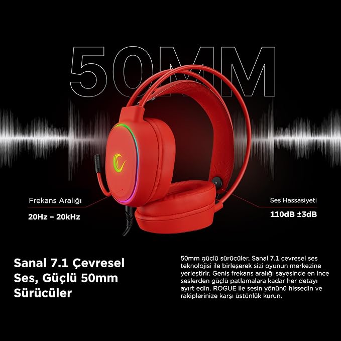 Rampage ROGUE Kırmızı 7.1 Surround Sound RGB Ledli Gaming Oyuncu Mikrofonlu Kulaklık, Büyük