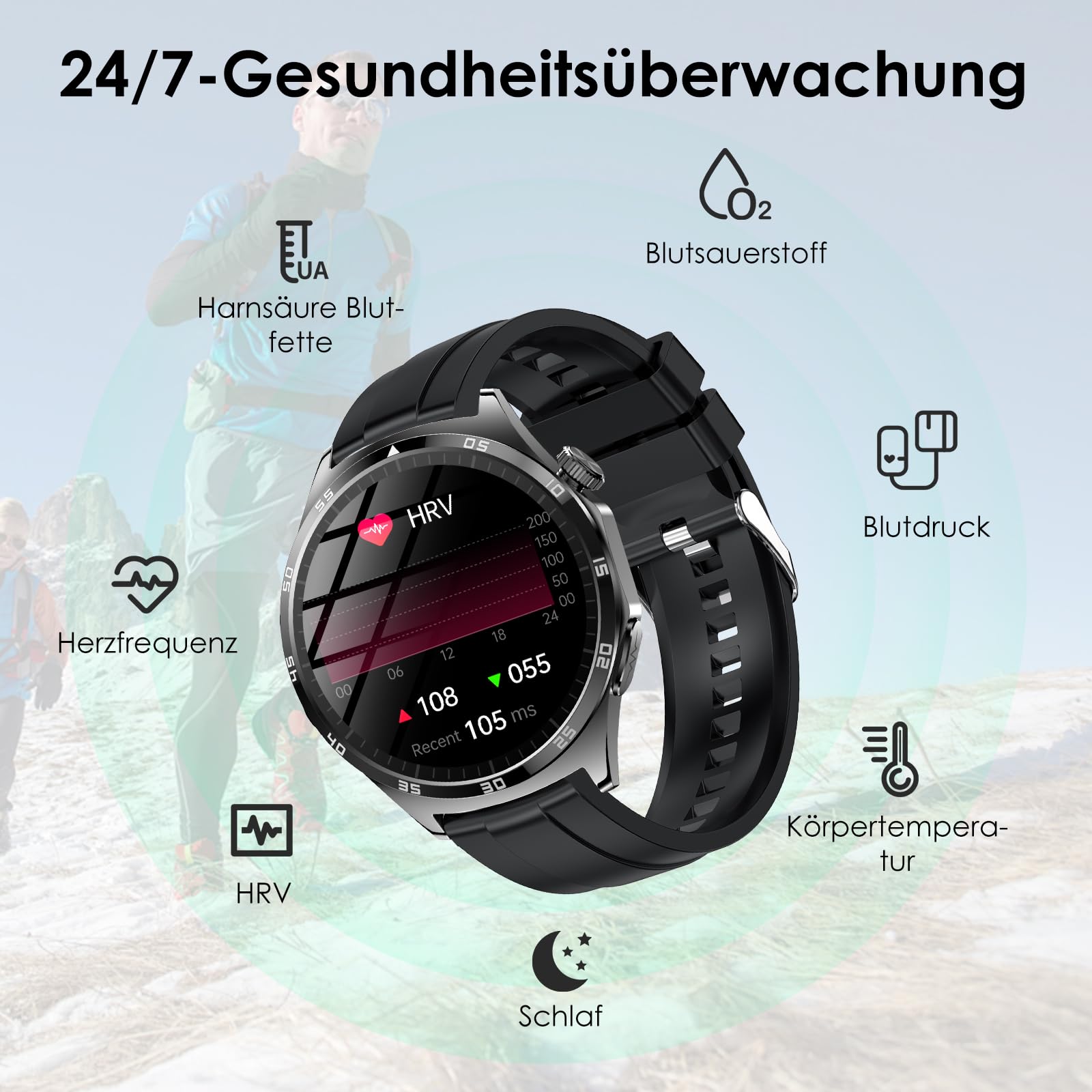 2026 Neu Smartwatch Herren mit EKG/Blutdruck/Harnsäure/Schlaf-Monitor/Emotion/Stimmung/BMI Rund 1,43"AMOLED Gesundheitsuhr mit Herzfrequenz SPO2,Bluetooth-Anrufe SOS-Notruf Fitnessuhr für iOS/Android