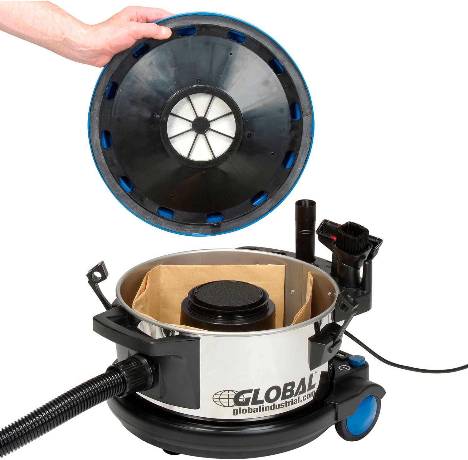 Global Industrial Commercial HEPA Canister Vacuum with Tool Kit, Stainless Steel, 4 Gallon Capacity, 90 CFM, 120V, 26'L Power Cord, Lightweight & Quiet 78 dB