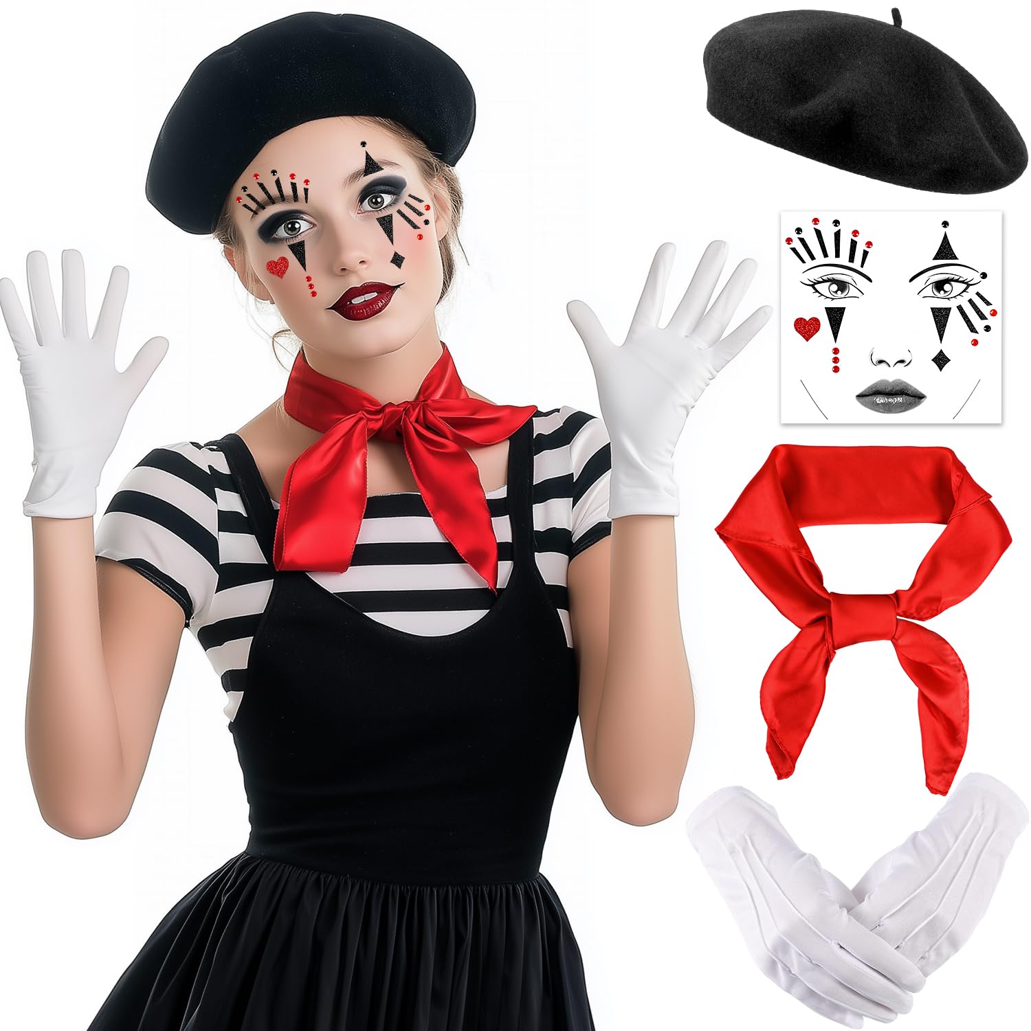 iZoeL Carnaval Mime Disfraz Señoras Hombres Negro Boinas Rojo Cuello Seda Blanco Guantes Tatuaje Accessori