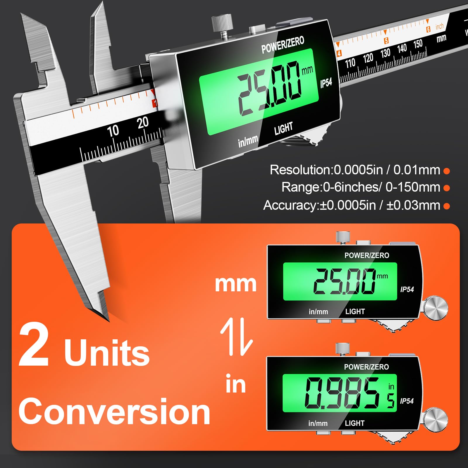 Calibro Digitale Professionale, Electronic Digital Caliper,Precisione Micrometro in Acciaio da 150mm/6 pollice,Auto-Off,Calibri touchscreen per Misurzione Esterna, Interna（nero）
