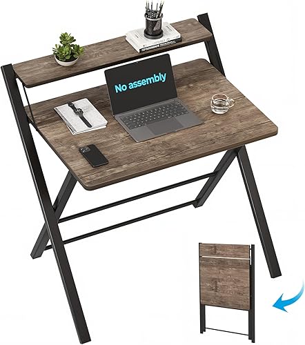 Miniatura 1 de GreenForest Escritorio plegable sin montaje, escritorio compacto de 2 niveles para computadora con estante, mesa plegable que ahorra espacio para