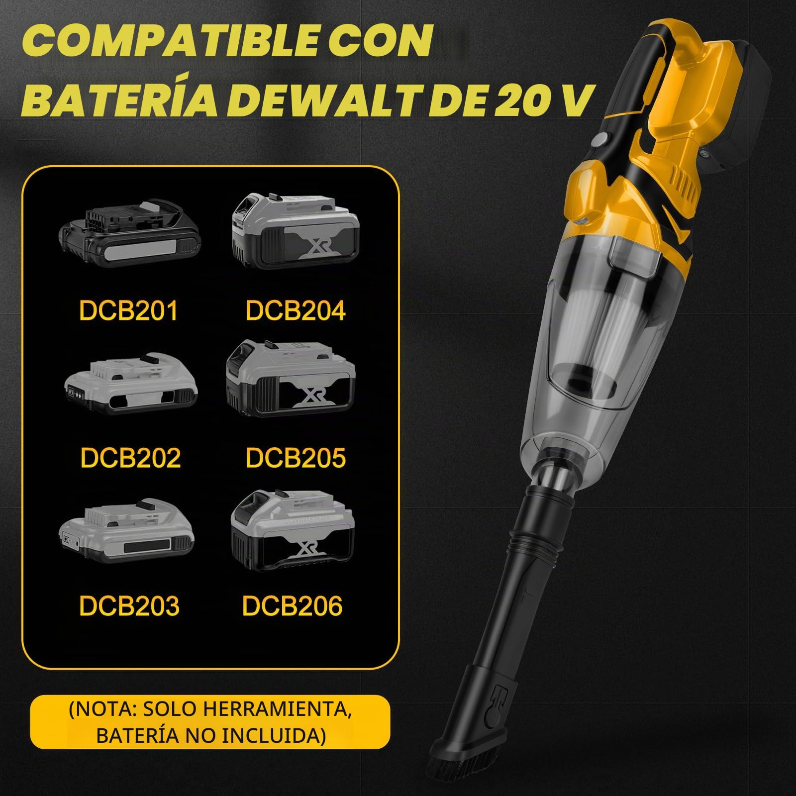 Aspiradora de mano inalámbrica compatible con batería Dewalt de 20 V, aspiradora portátil de 10000 Pa con 4 boquillas, contenedor de polvo de 0,75 L, luz LED, para el hogar y el coche (sin batería)