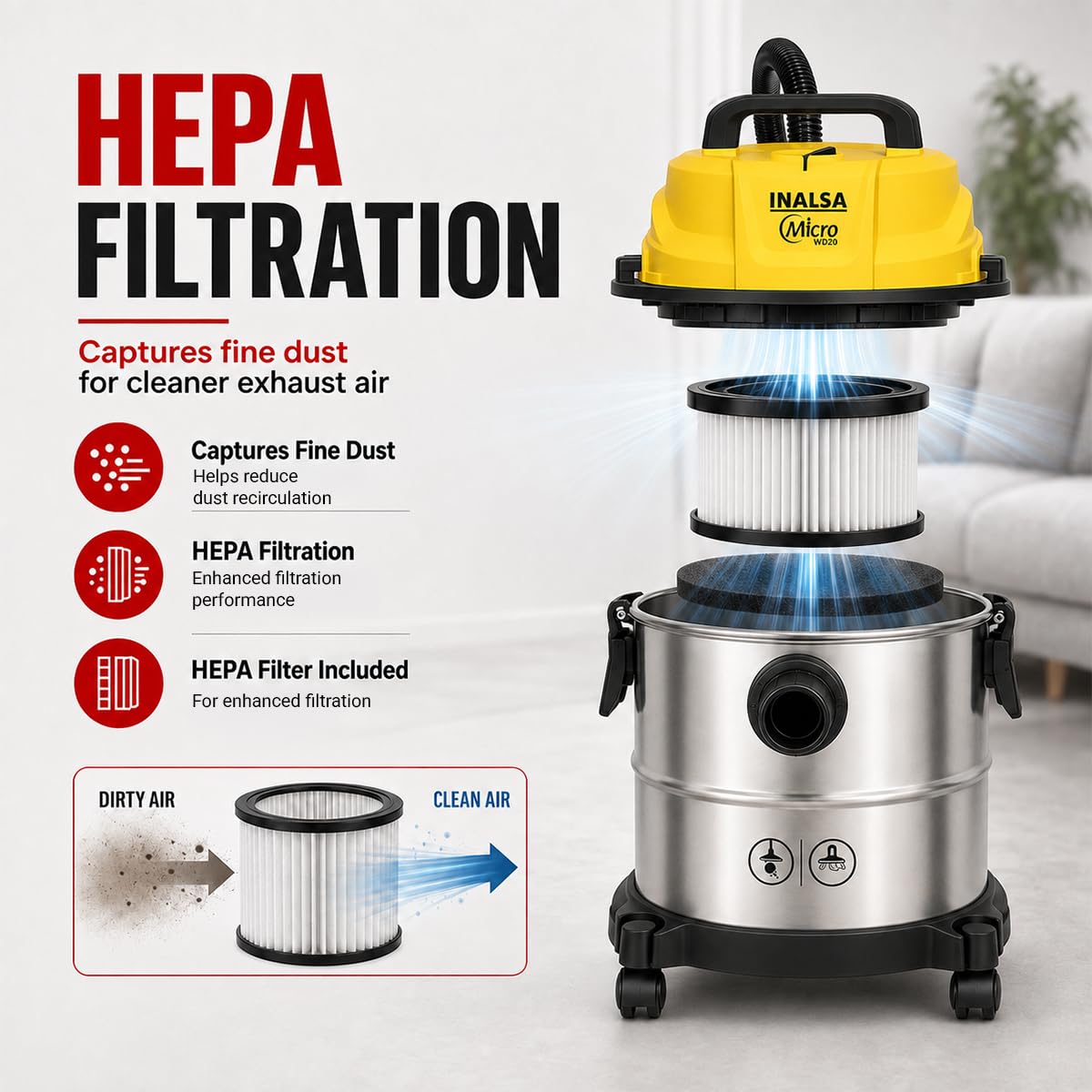 Inalsa Wet & Dry Vacuum - 20L, Powerful Cleaning -7 Inalsa Wet & Dry Vacuum - 20L, Powerful Cleaning -7