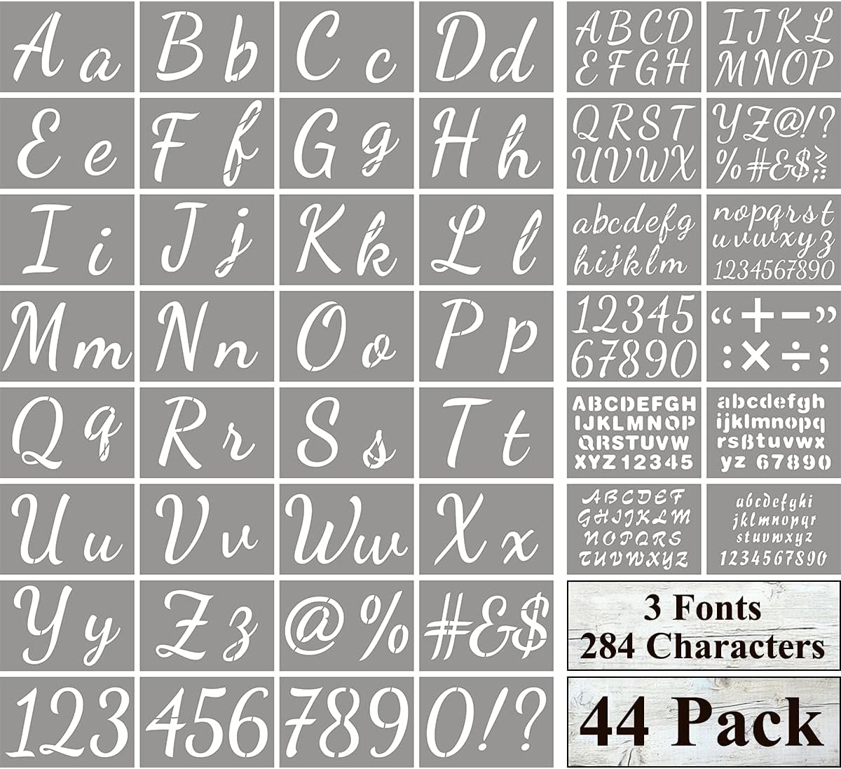 Large Letter Stencils for Painting on Wood - 44 Pack Alphabet Letter Number Stencil Templates with Signs, Reusable Plastic Stencils in 3 Fonts and 284 Designs for Chalkboard Fabric Wood Signs