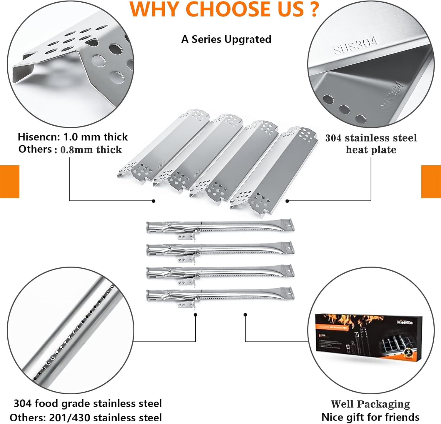 Hisencn 304 Stainless Steel Grill Replacement Parts for Nexgrill 720-0830H, 720-0888, 720-0888N, Grill Burner, Heat Plates, Grill Igniter Kit Replacement for Home Depot Nexgrill 4 Burner Parts