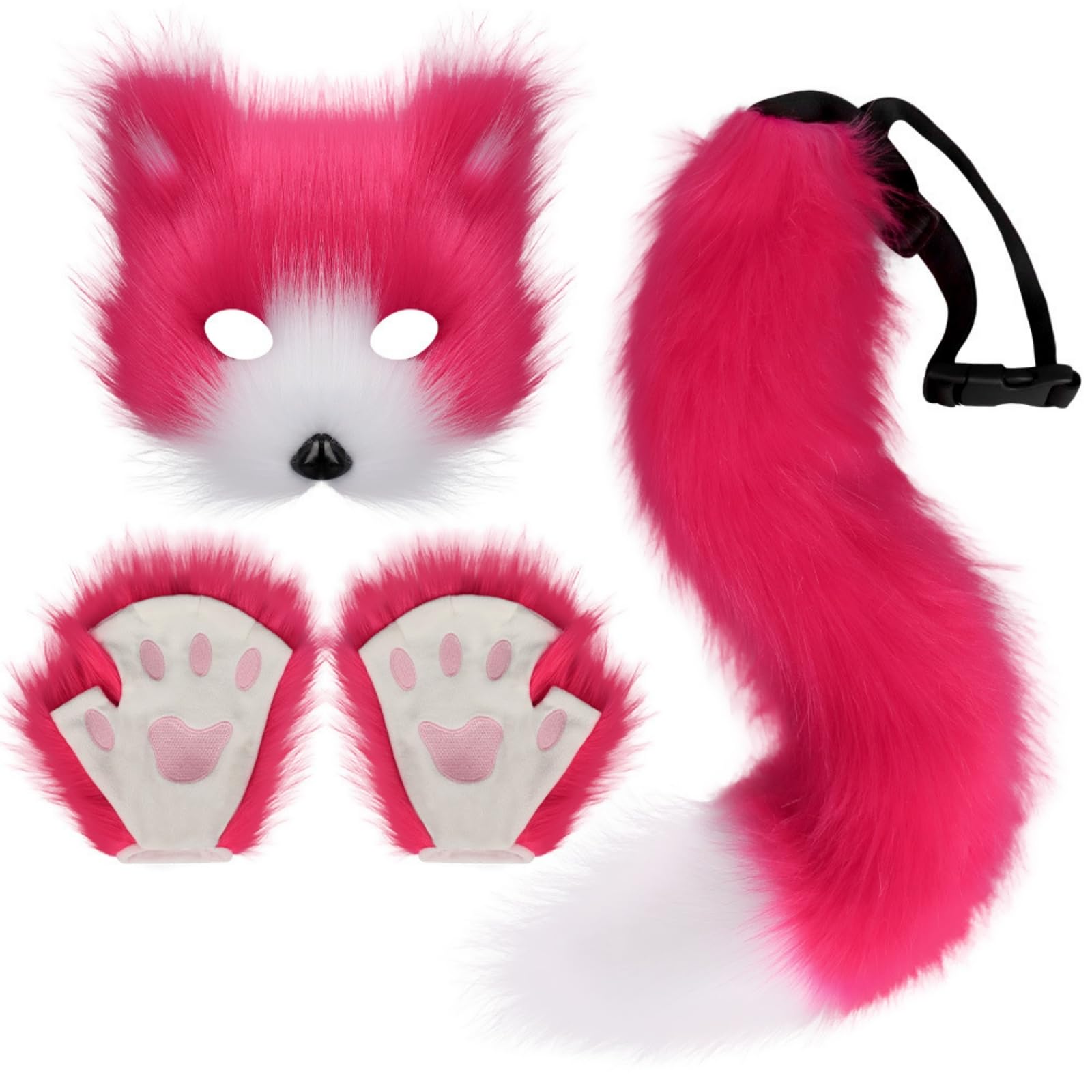 Amagogo Set Travestimento | Pelliccia Sintetica Morbida, Accessori Travestimento con Maschera, Accattivante, Guanti, per Carnevale, Adulti, Rosso, Set da 3 Pezzi