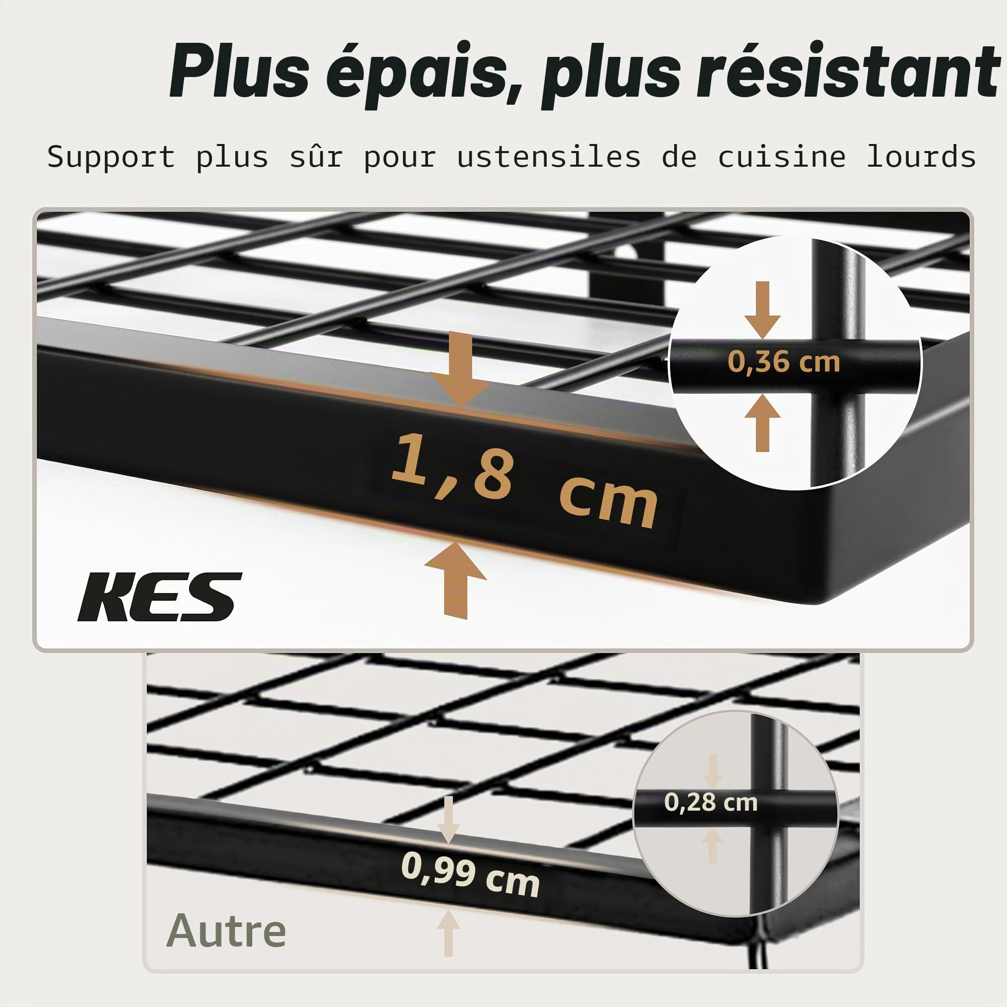 KES Étagère Murale à 12 Crochets Porte-Casseroles 2-Tire Porte Ustensiles Cuisine 75CM Noir Mat, KUR215S75B-BK