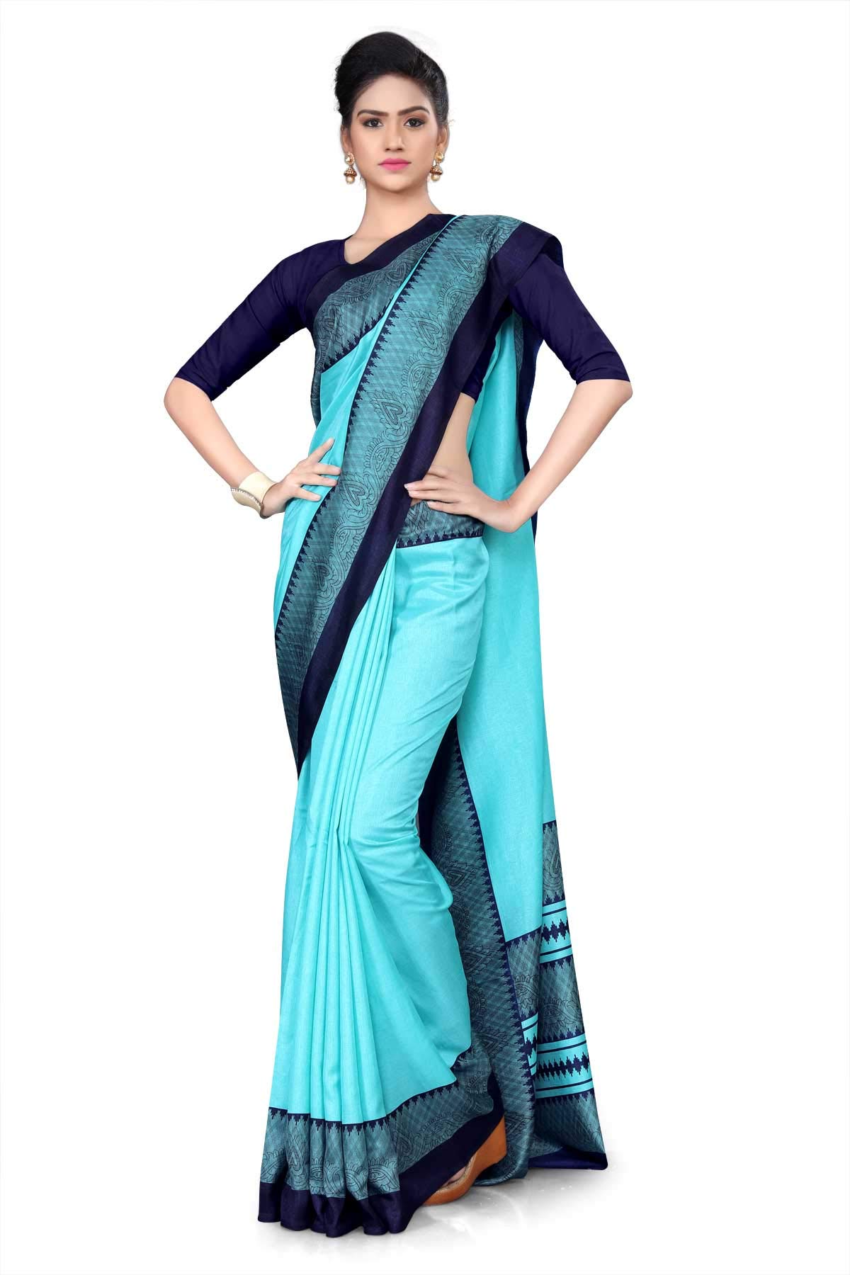 Uniform Sarees CorpWomen's Polyester Teachers Uniform Saree with Blouse (D.No-457/2019 , Sea Green)