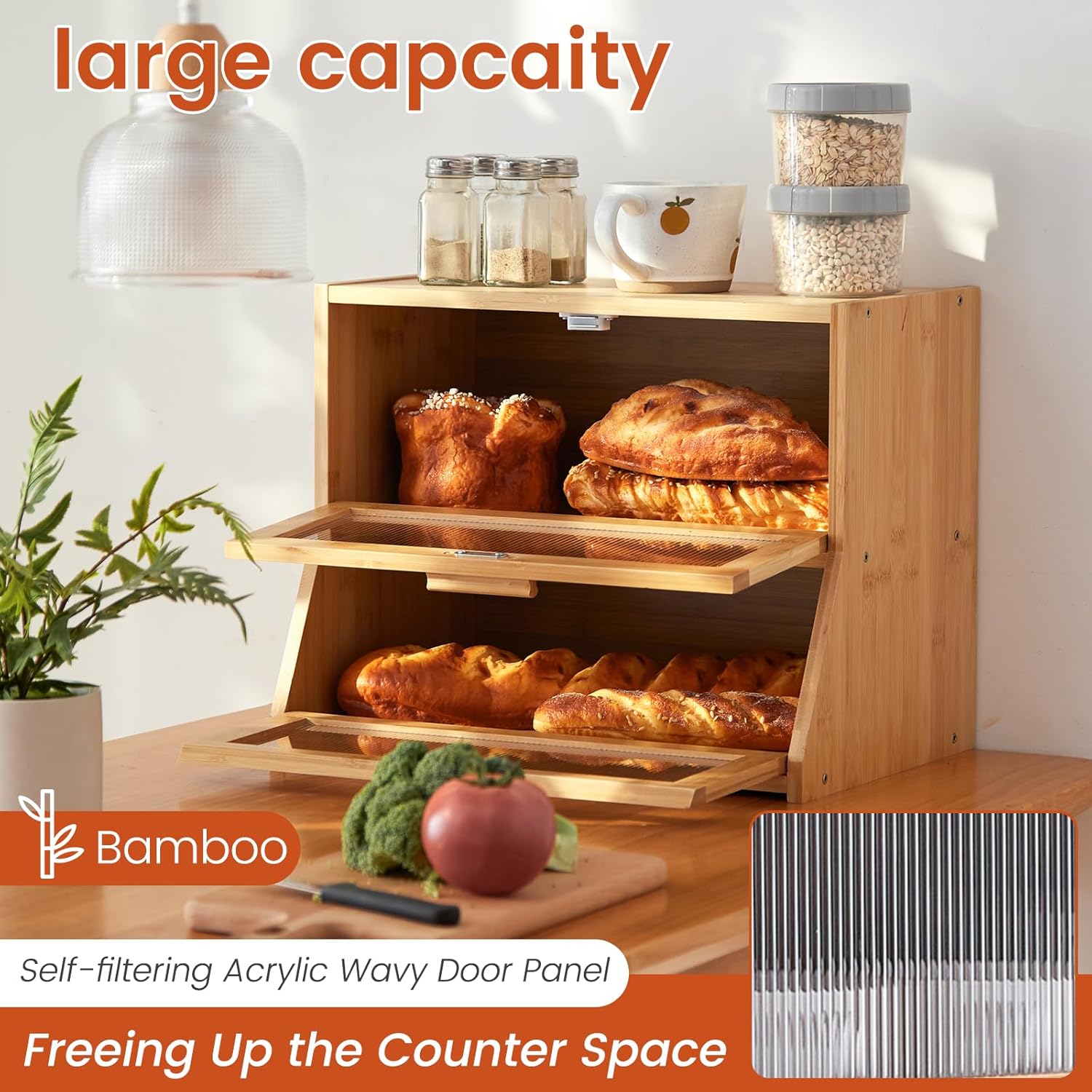 ghwie double layer bamboo bread box for kitchen counter,large capacity bread storage bin,bread container with acrylic wavy door panel (natural, medium) natural medium