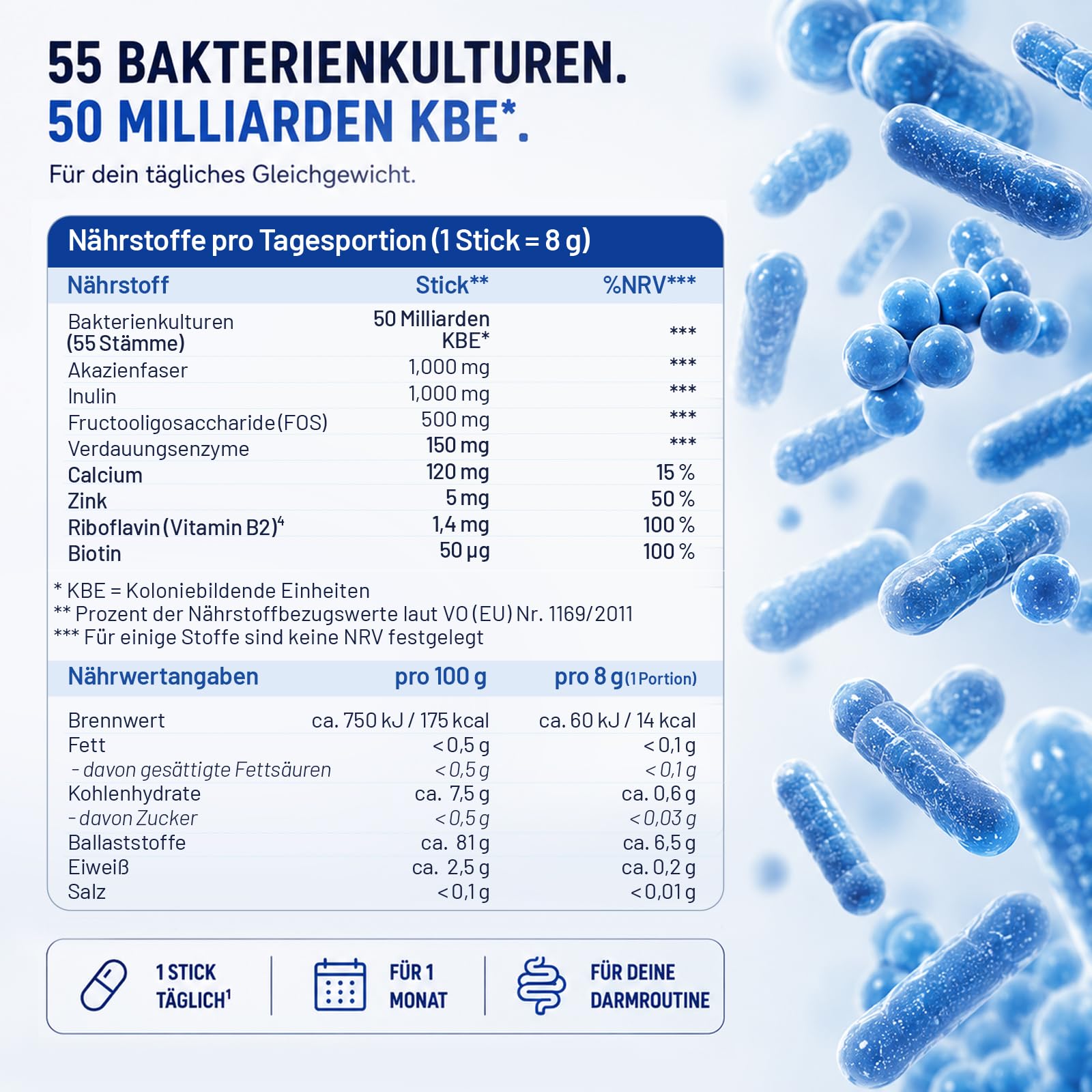 ULTIBIOM Darmflora-Komplex Pulver – 55 Bakterienkulturen, 50 Milliarden KBE pro Tagesportion, 30 Sticks – mit Akazienfaser, Inulin, FOS, Verdauungsenzymen, Vitaminen & Mineralstoffen