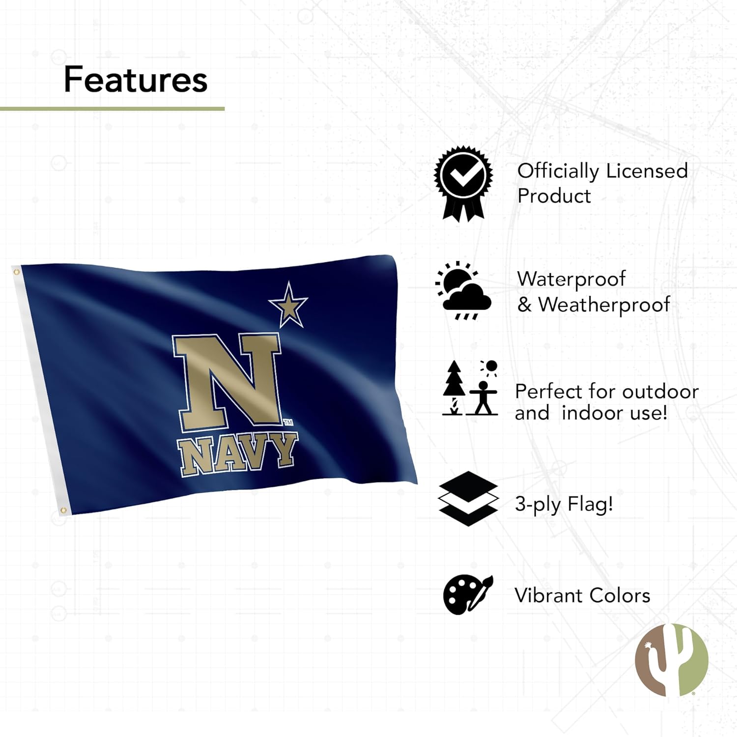 Desert Cactus United States Naval Academy Flag Double Midshipmen Navy USNA Beavers Banners 100% Polyester Indoor Outdoor 3x5 feet Flags (Double Sided - Flag 1)