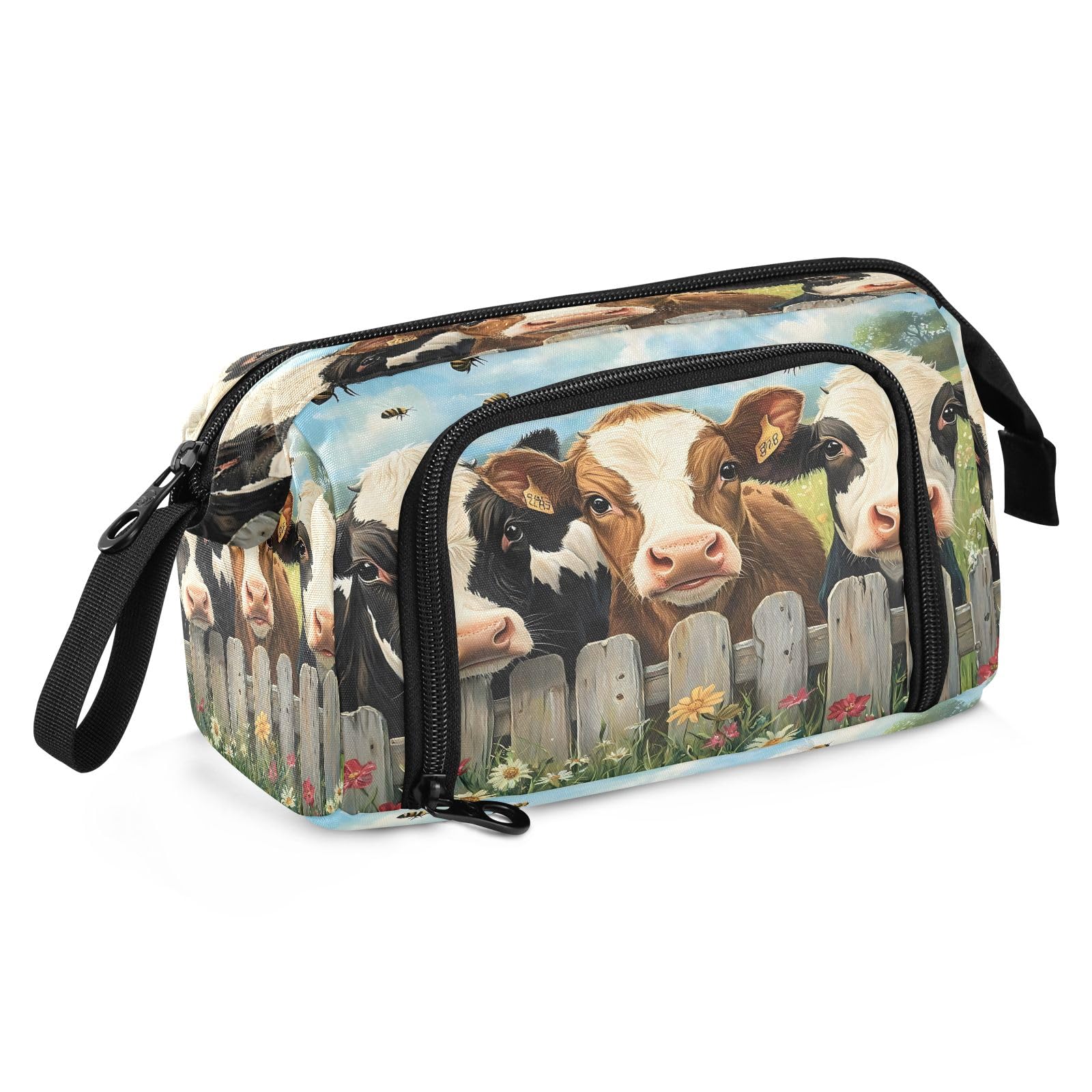 Mnsruu Big Capacity Pencil Case Cow Bee Farm Fence Pouch Pen Case Pencil Box Stationery Bag Makeup Bag Office Organizer for Adults — image 1