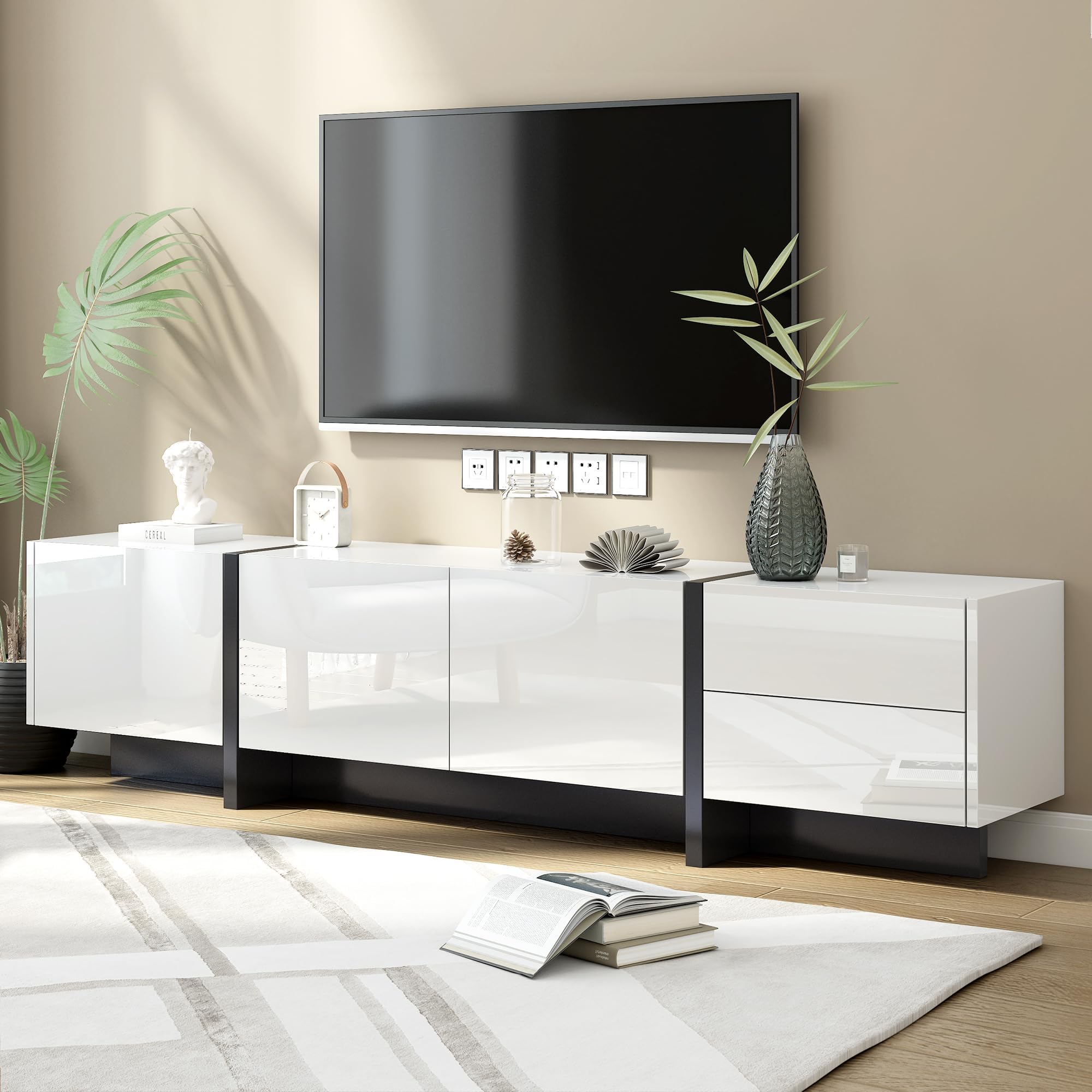 Merax Contemporary Rectangle Design TV Stand for Television Up to 80", Unique Style Console Table, Modern Storage Cabinet with High Gloss UV Surface for Living Room, White