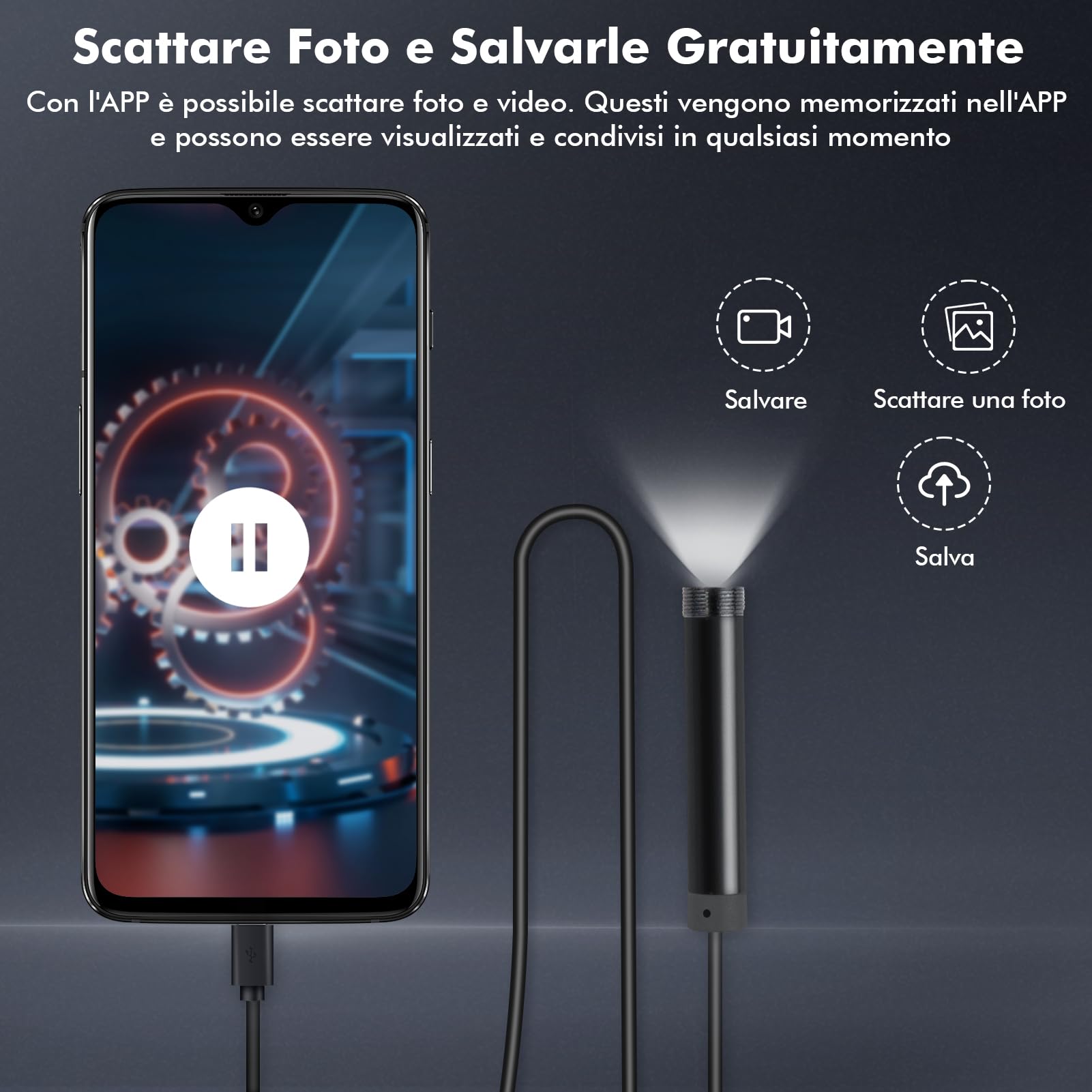 Endoscopio per Smartphone, Endoscopio con 10M Cavo Semirigido, IP67 Impermeabile, Tipo C, 6 Luci LED, Senza WiFi, per Android, Tablet e PC Windows