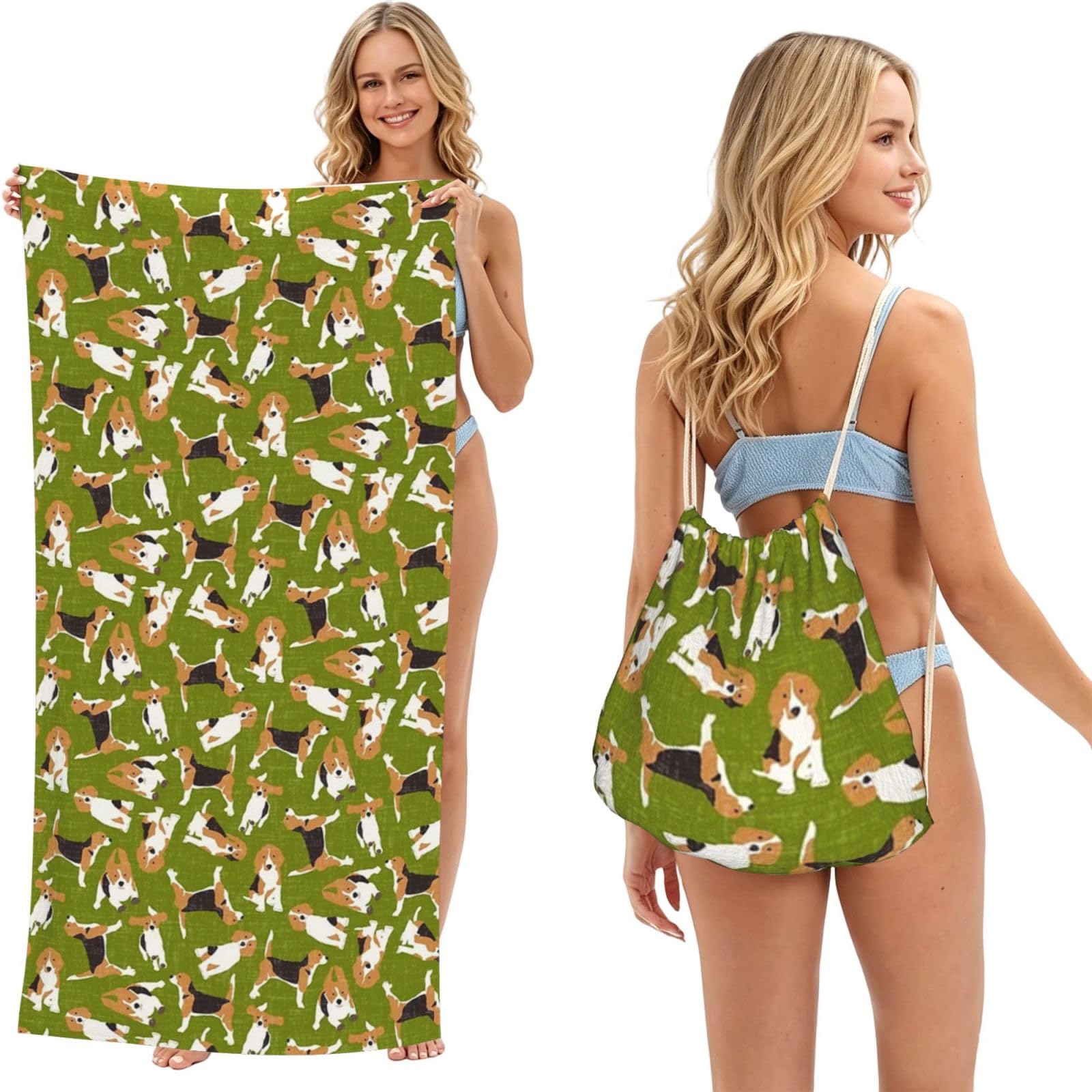 Poadnly As Picture Beagle Scatter Green, 2 In 1 Packable Towel Bag, Beach Towels With Drawstring Backpack For Travel Holiday Camping