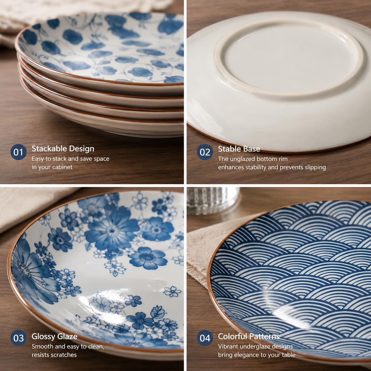 Small Ceramic Dessert Plates Set of 4, 7 Inch (13oz), Appetizer Plates for Sushi, Snacks, Fruit & Side Dishes, Japanese Blue and White Plates, Microwave & Dishwasher Safe