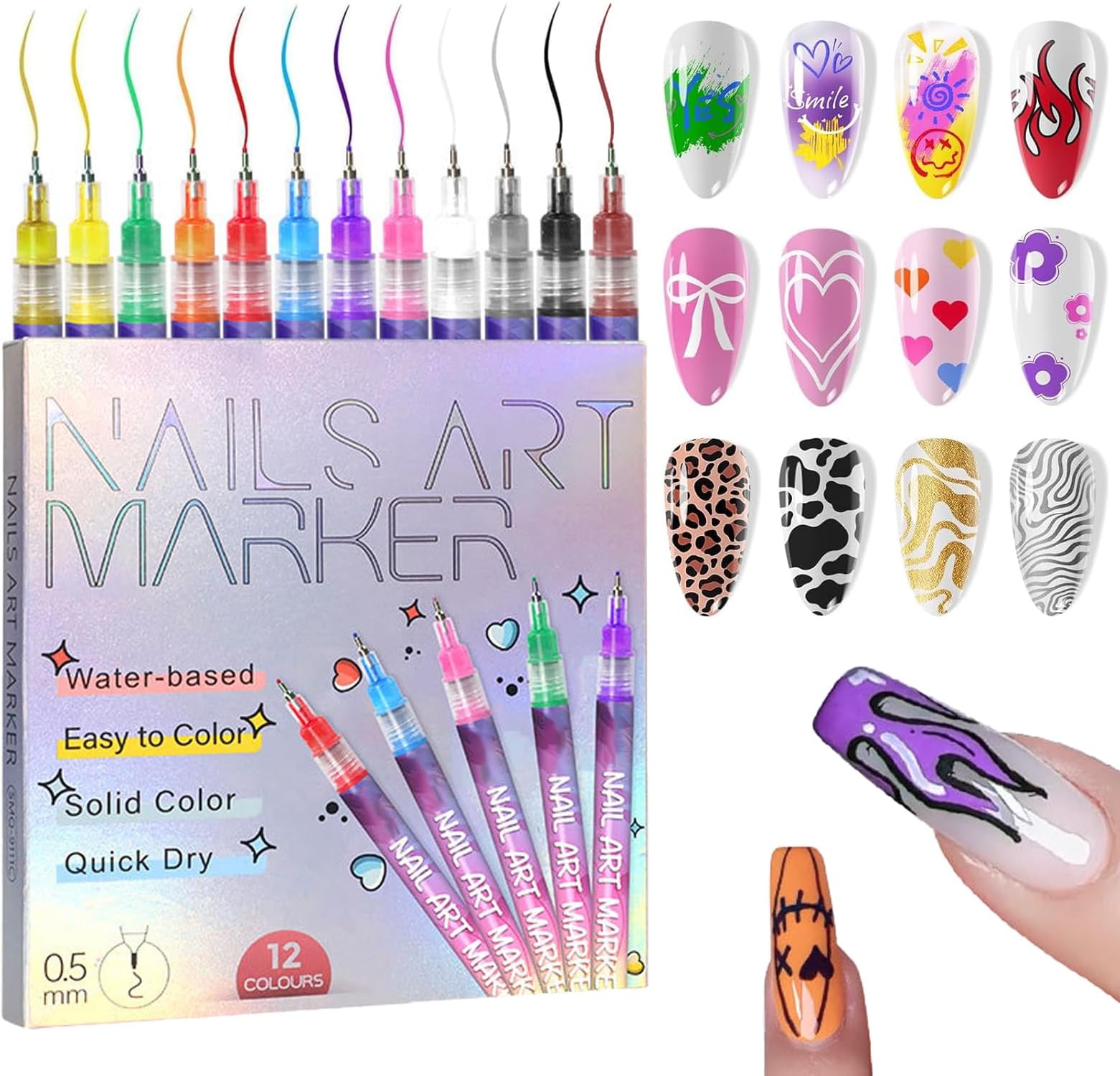 12 Colors Nail Art Pens Set, Nail Art Markers for Painting Nails, 0.5MM Ultra-Fine Tip 3D Nail Polish Pens Acrylic Paint Nail, Nail Art Tools for Graffiti Dotting Drawing Painting Point Liner DIY