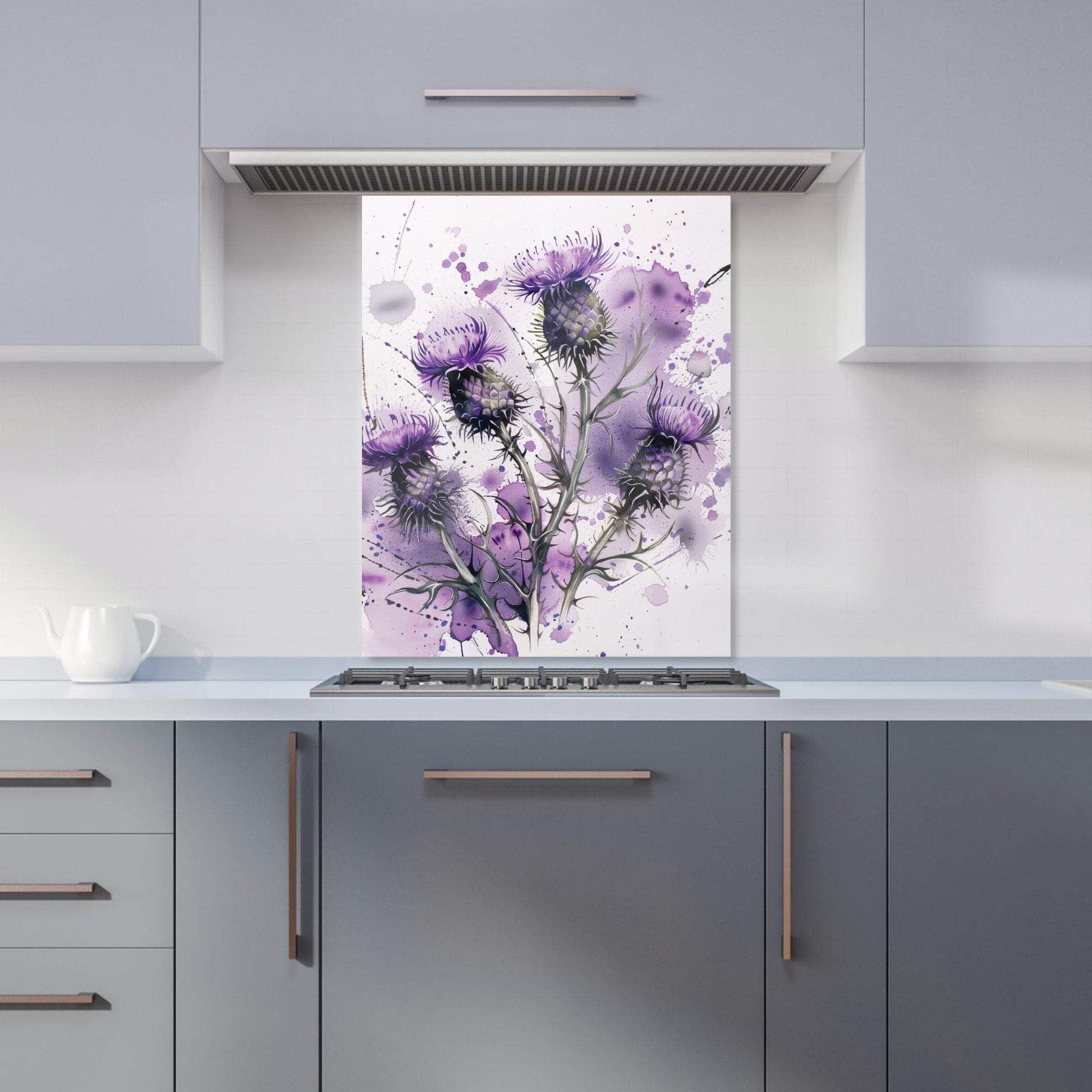 Vibrant Scottish Thistle Art Glass Kitchen Splashback - Toughened Glass - Durable & Easy to Clean - Purple - W600mm x H750mm