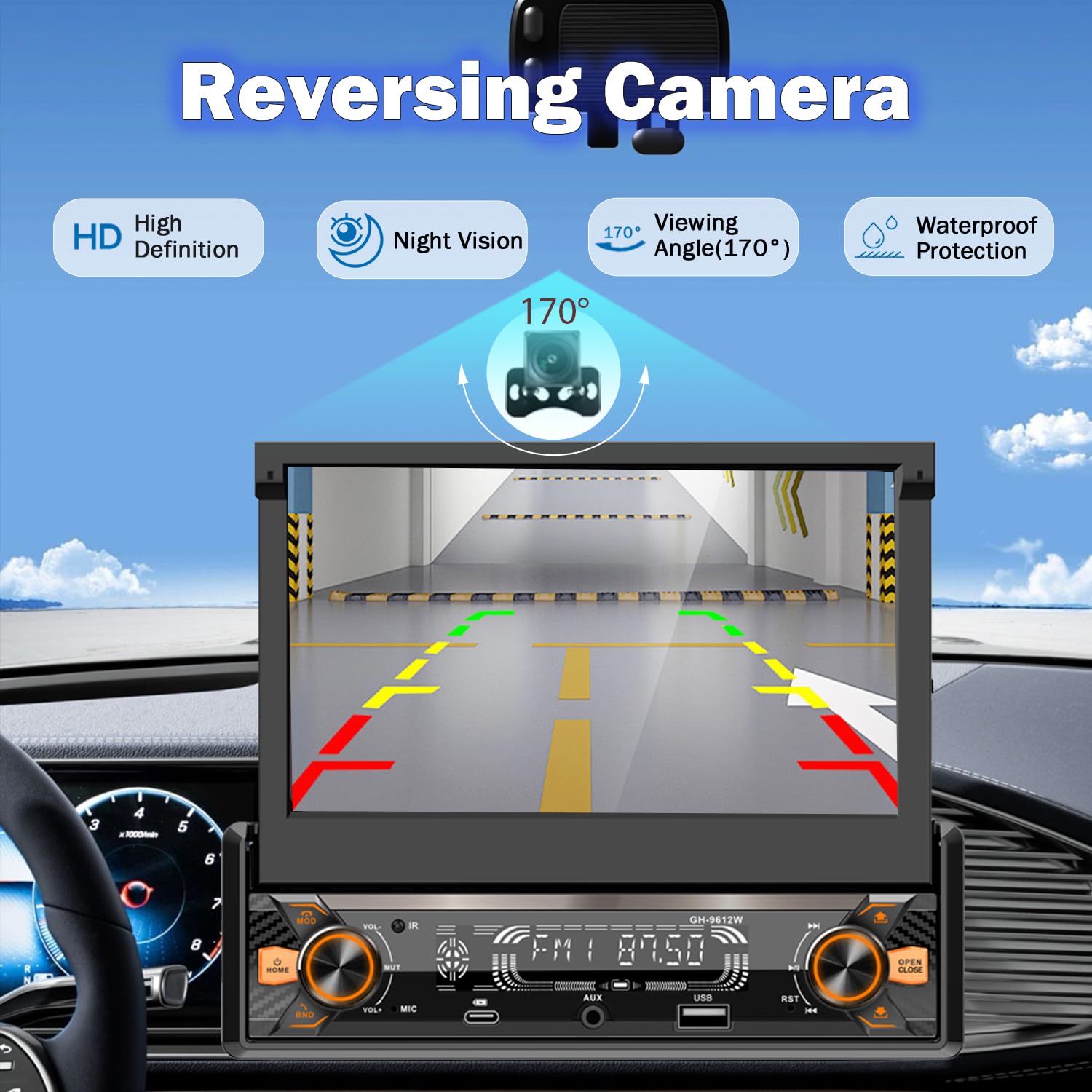 Autoradio 1 Din con Schermo (7" Retrattile Automatico) Compatibile con [Wireless] Apple CarPlay Android Auto Bluetooth AM/FM/RDS Radio USB (Type-C carica rapida 3A) AUX SD telecamera di backup