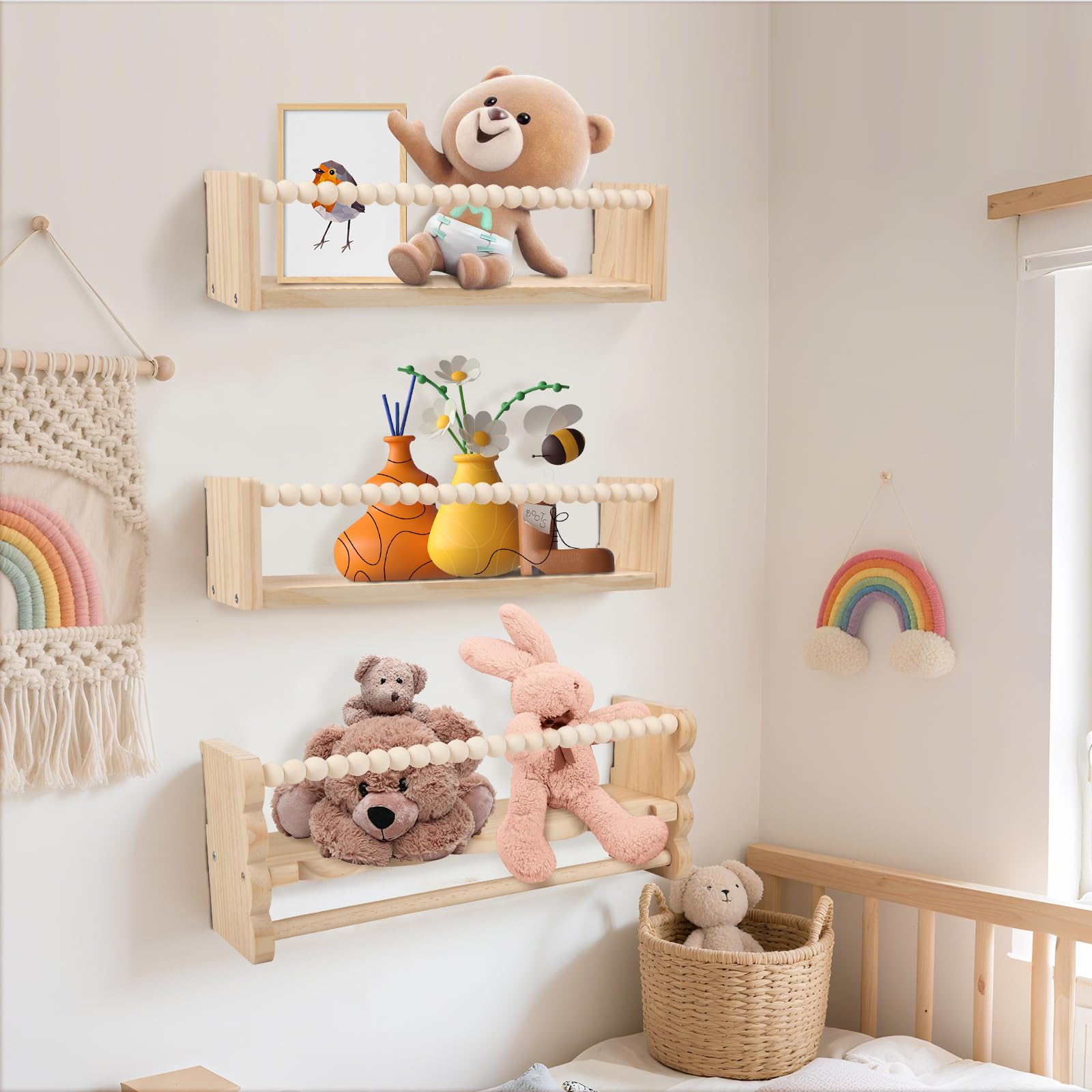 Lot de 3 étagères murales pour enfant - 40 cm - Avec présentoir suspendu pour photos, chambre d'enfant - En bois - Pour chambre de bébé, cuisine, épices