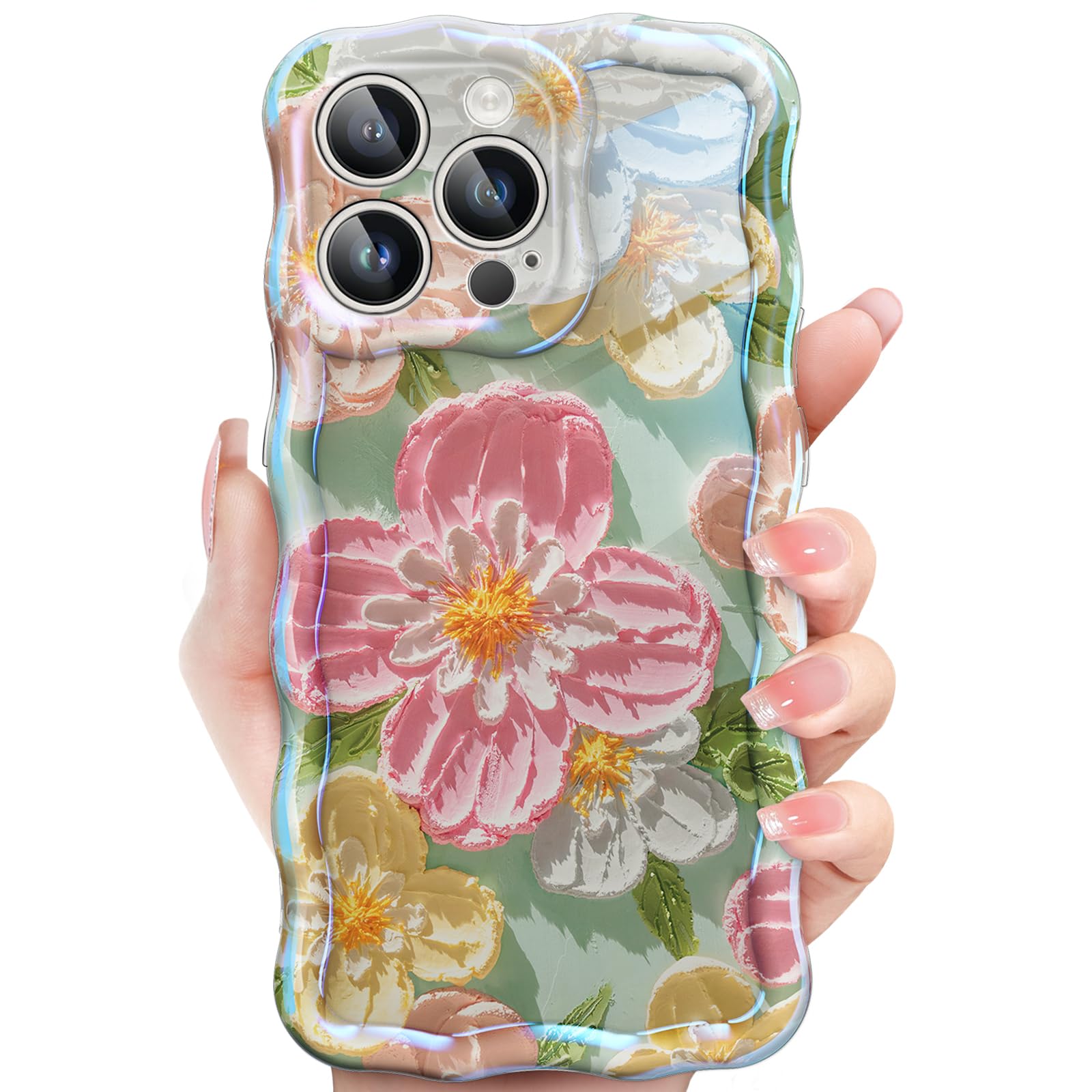JETech Cute Case for iPhone 13 Pro Max 6.7-Inch, Colorful Retro Oil Painting Floral Design Curly Wave Frame, Stylish Flower TPU Soft Protective Phone Cover for Women and Girl (Pink Flower)