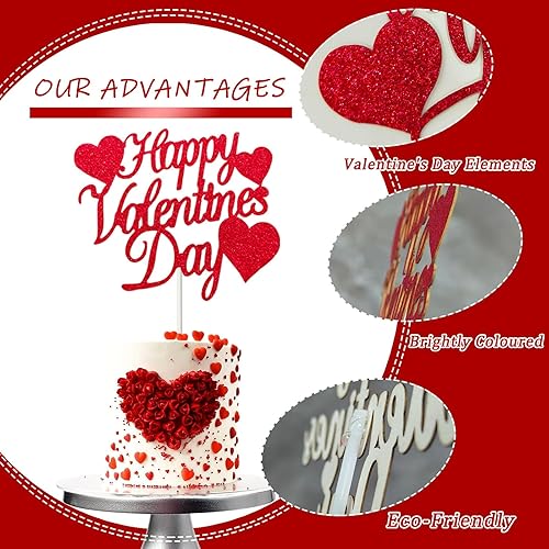 Miniatura 3 de Kevinart Decoración para tarta de San Valentín, 10 unidades, con purpurina, rojo, feliz día de San Valentín, romántico, corazones rojos, decoración