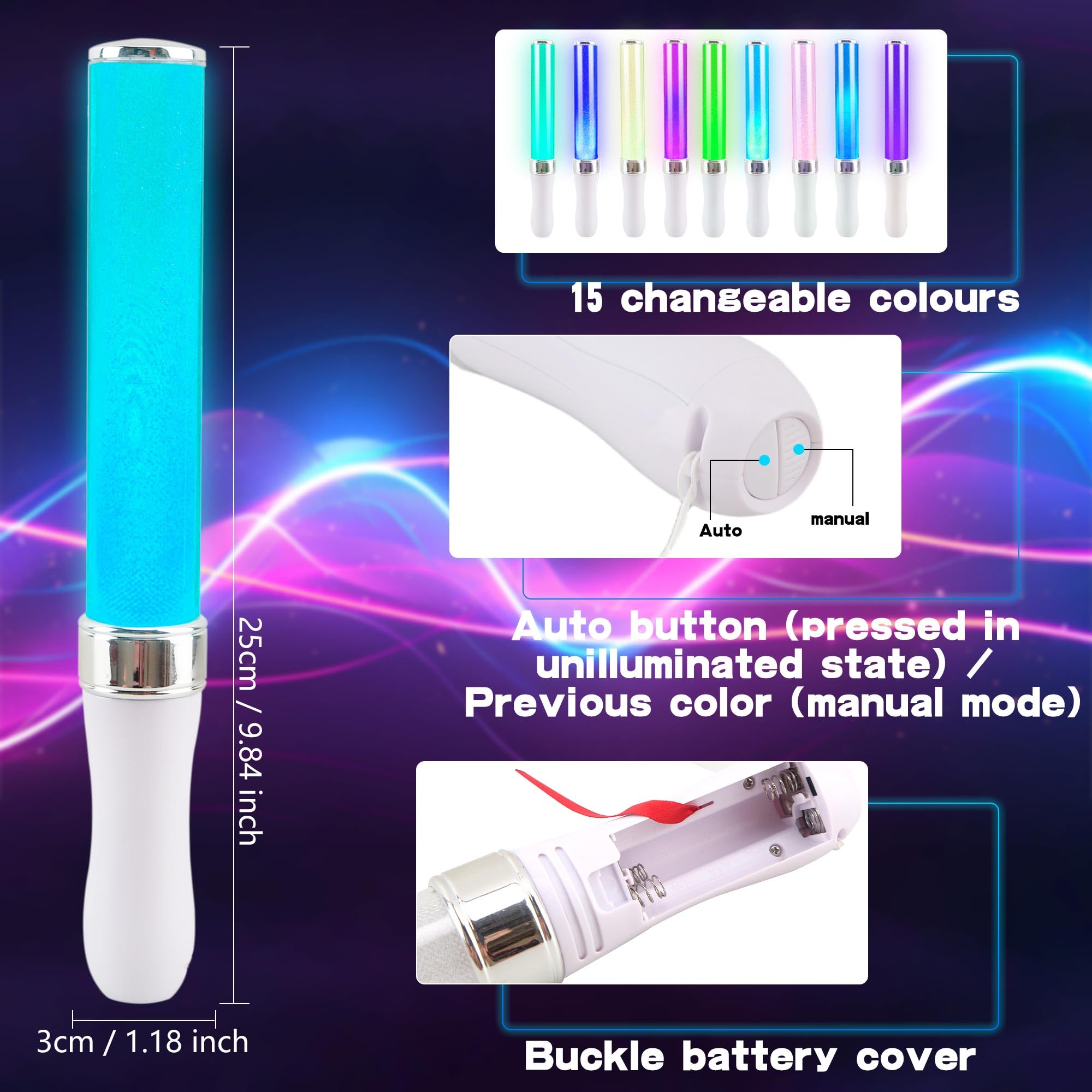 LED-Konzert-Lichtstäbe, 15 Farben, wechselnd, mehrfarbig, blinkend, leuchtet im Dunkeln, für Hochzeit, Club, Karneval, Party, Geburtstag, Konzerte, Gastgeschenke, 3 Stück