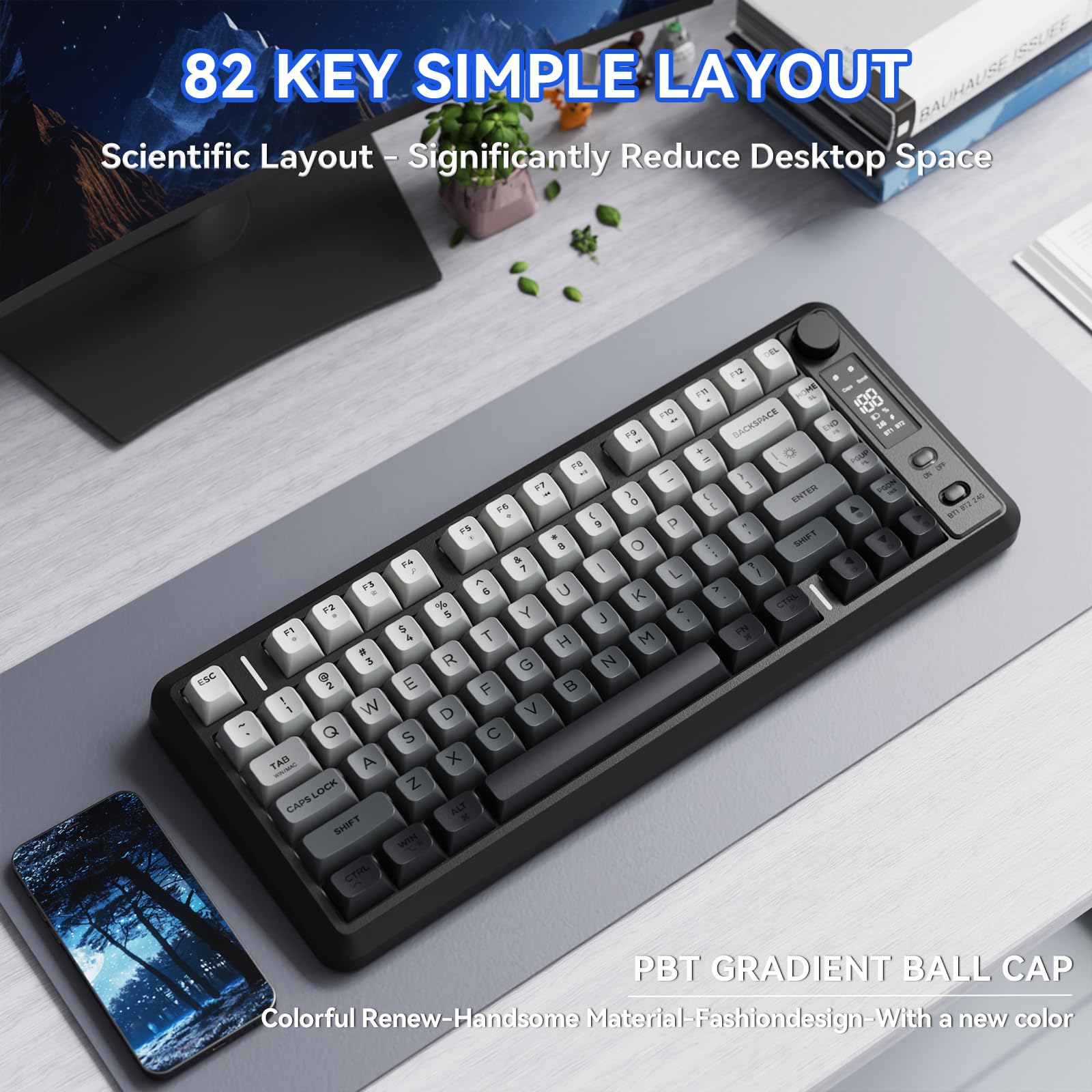 FREEWOLF M75 Tastiera wireless dual-mode, Bluetooth+2.4G, controllo tramite manopola e display, 82 tasti compatti PBT con gradiente, luce arcobaleno,QWERTY, anti-ghosting completo per Mac/Win-Nero