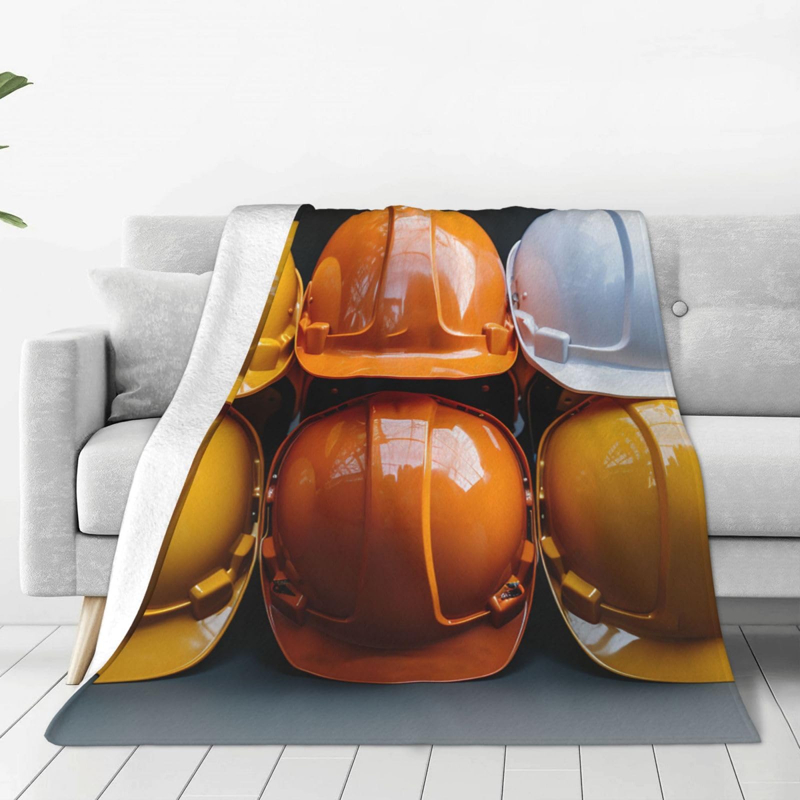 Construction Helmets Throw Blanket for Couch, Plush Fuzzy Soft Flannel Blankets and Throws for Sofa, 80"x60" Bed Blankets for Travel Camping Chair, All Season Warm Fleece Blanket