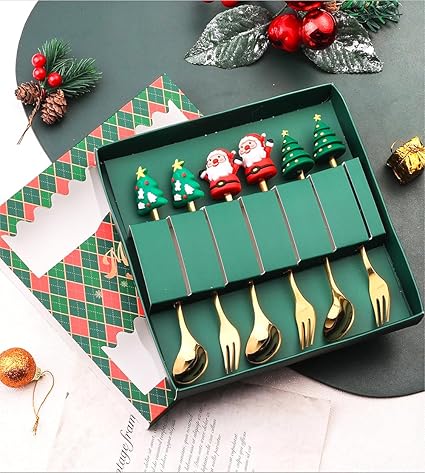 ROSE CREATE 6 Pcs Christmas Man Premium Stainless Steel Forks and Spoons with Gift Box (Shining Golden - Pack of 6)